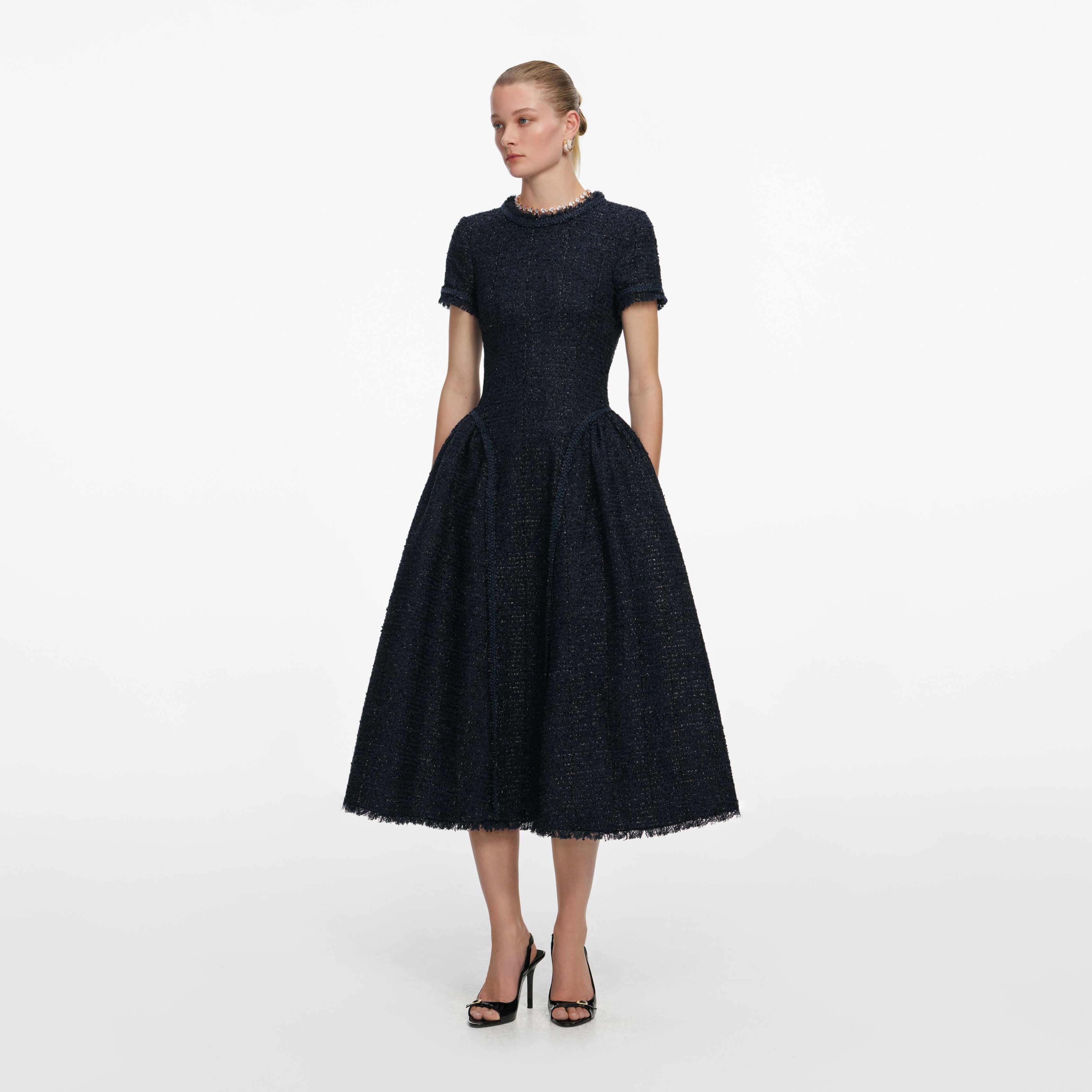 Navy Metallic Boucle Midi Dress