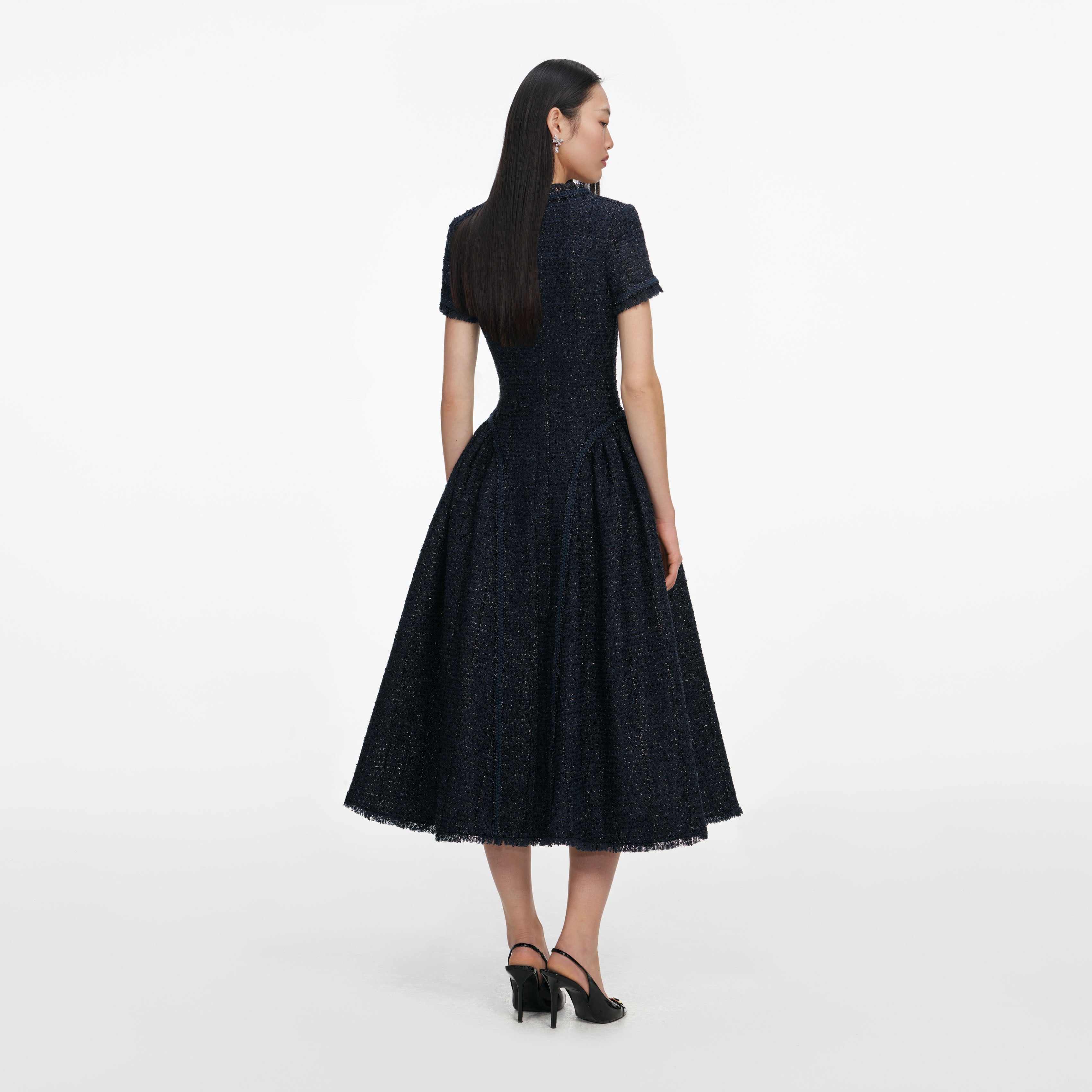 Navy Metallic Boucle Midi Dress