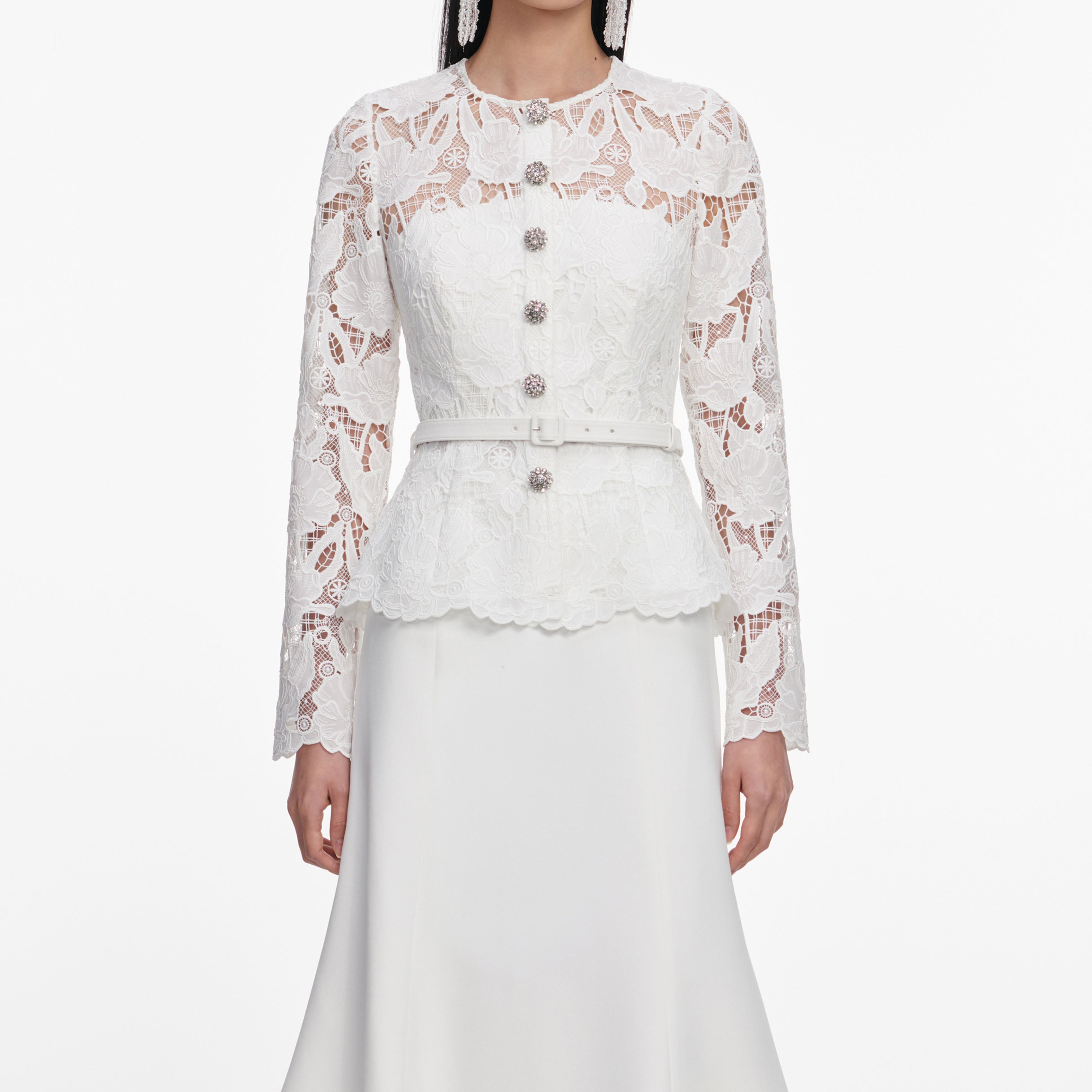 White Lace Crepe Midi Dress – self-portrait-US