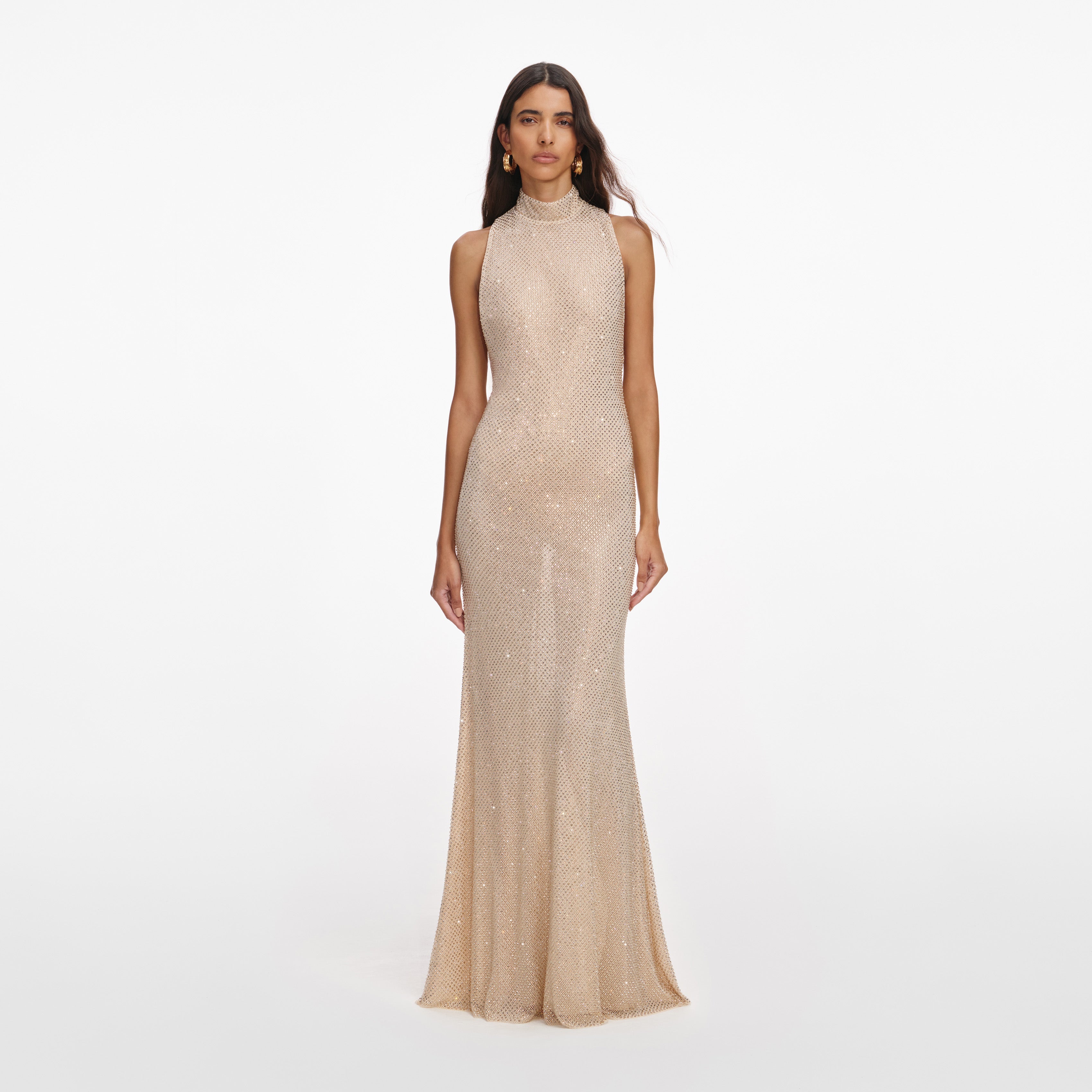 Champagne Rhinestone Racer Back Maxi Dress