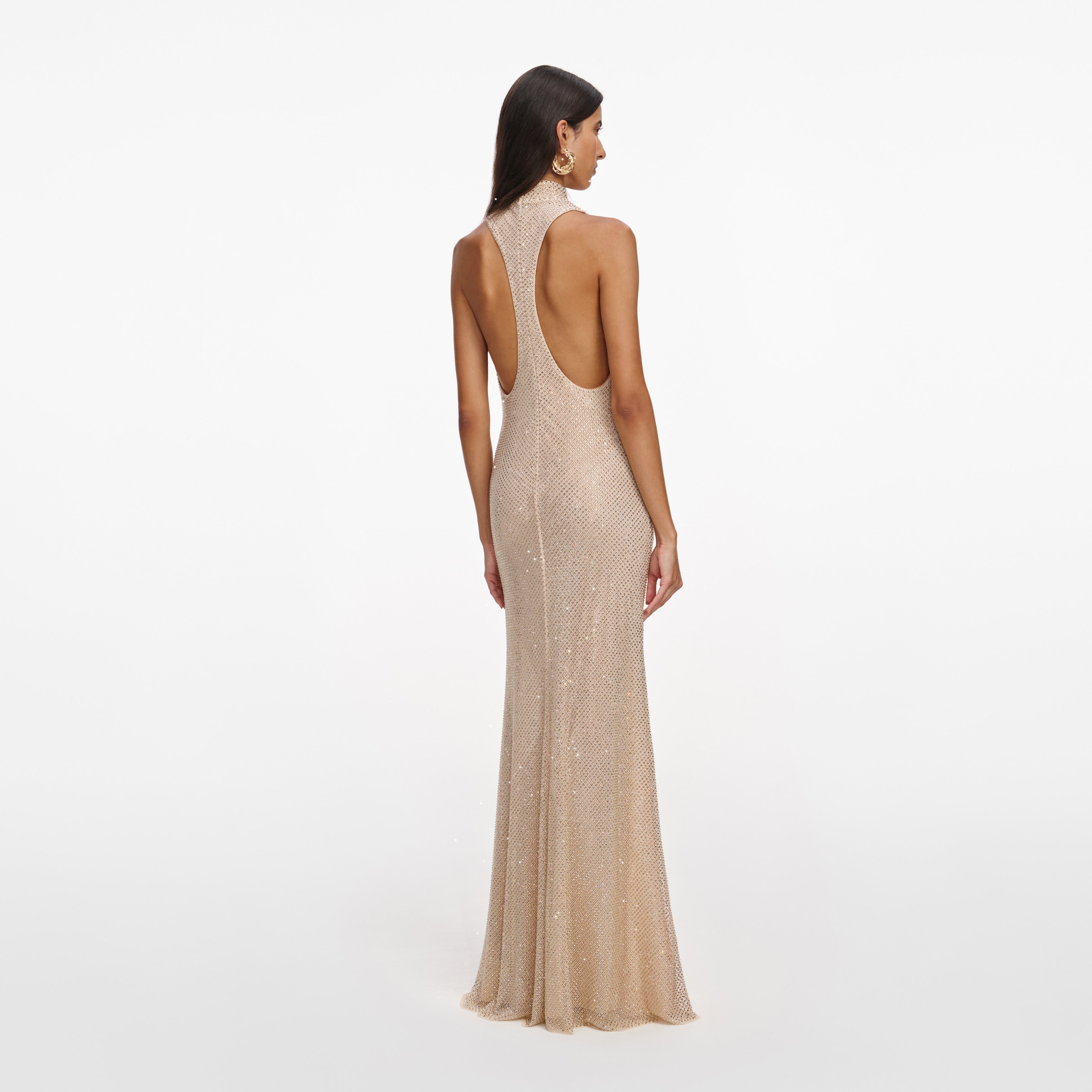 Champagne Rhinestone Racer Back Maxi Dress
