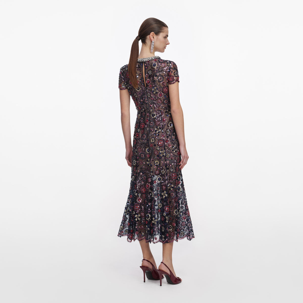 self portrait crew neck floral embellished midi dress Self-Portrait Women's Crochet Lace Midi Dress - Yellow