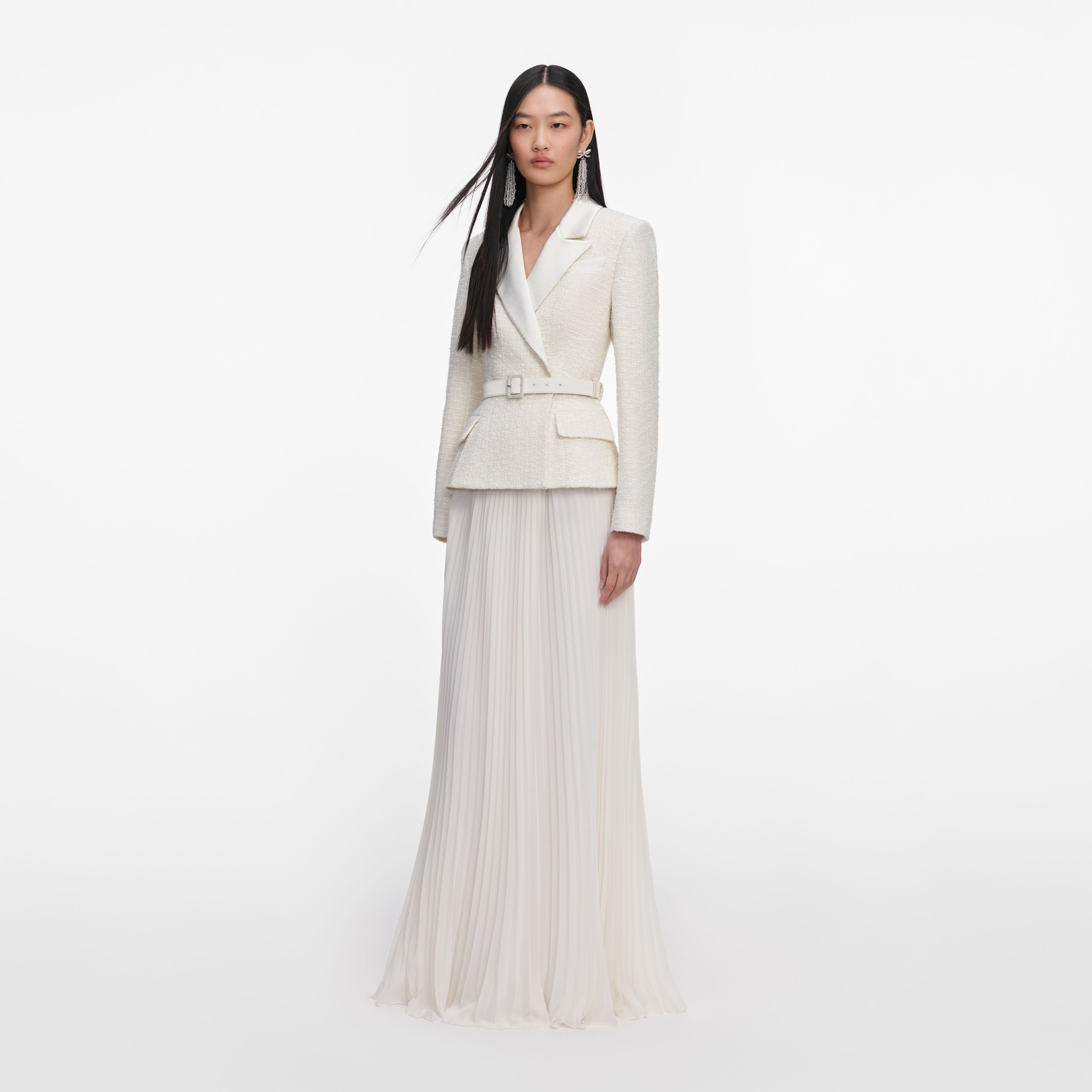 美品♡フォクシー Stretch Suiting Pleat Dress 白色 Cream Tailored Boucle Chiffon Maxi Dress – self-portrait-US