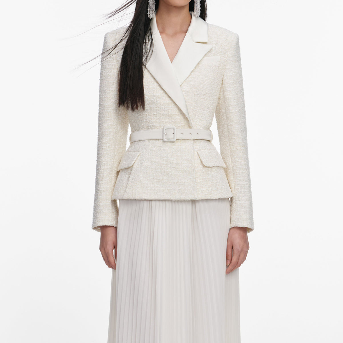 self-portrait - Cream Tailored Boucle Chiffon Maxi Dress