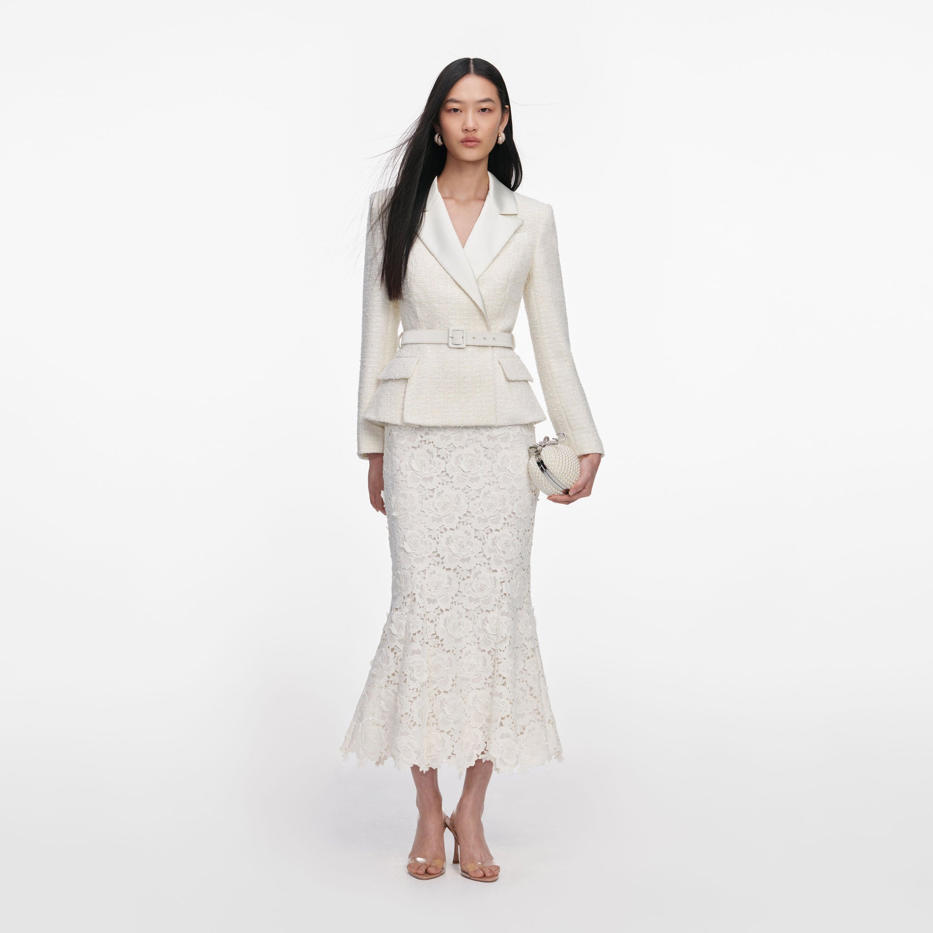 Front view of a woman wearing the Cream Boucle Flower Lace Midi Dress