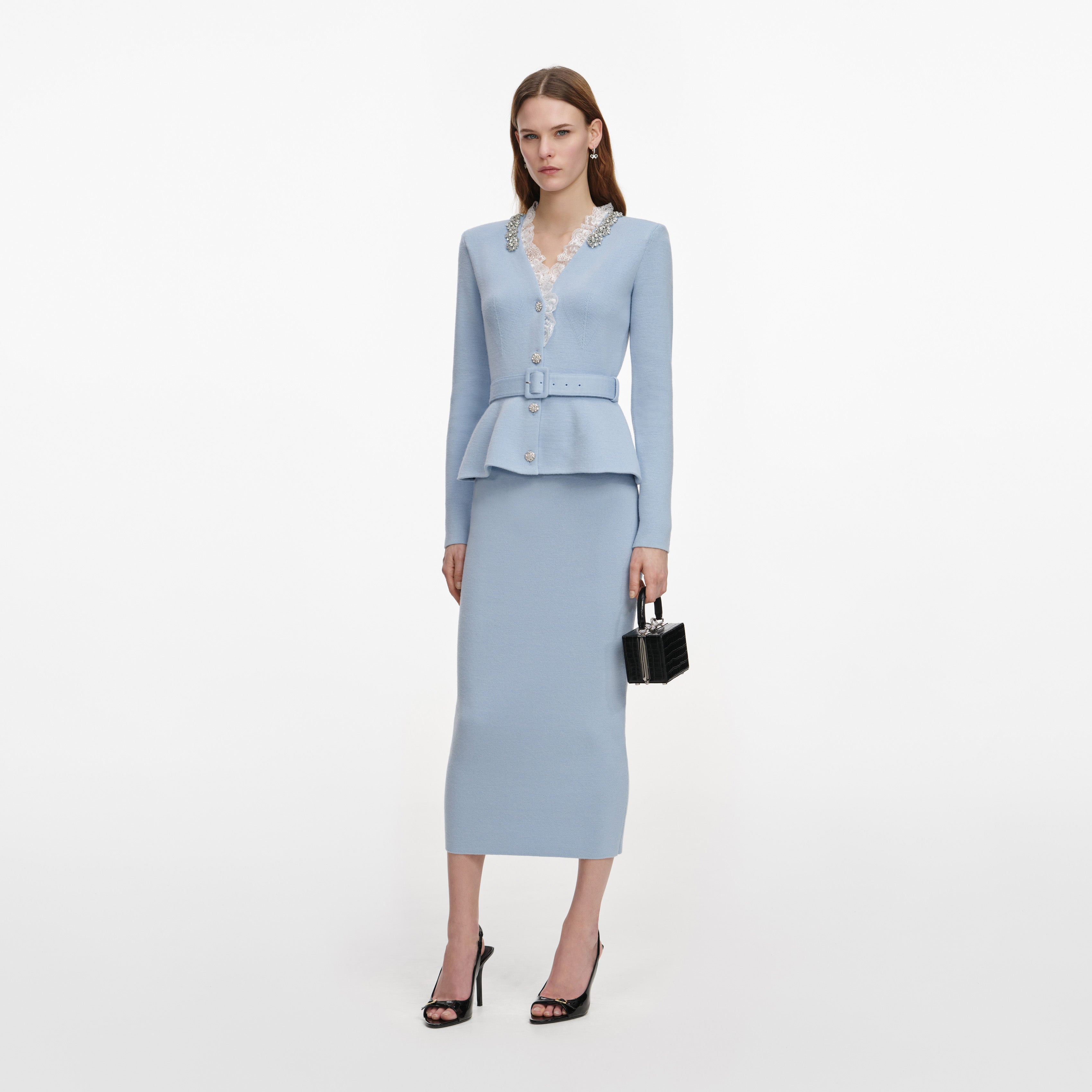 Blue Crystal Trim Knit Midi Dress