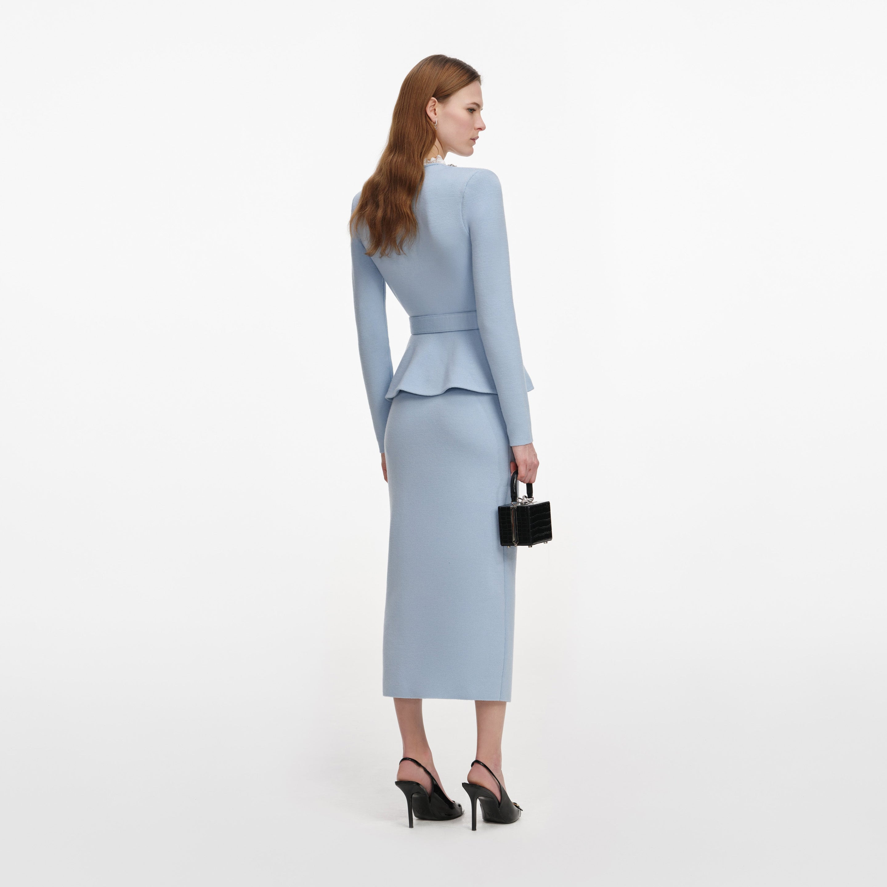 self-portrait - Blue Crystal Trim Knit Midi Dress - S