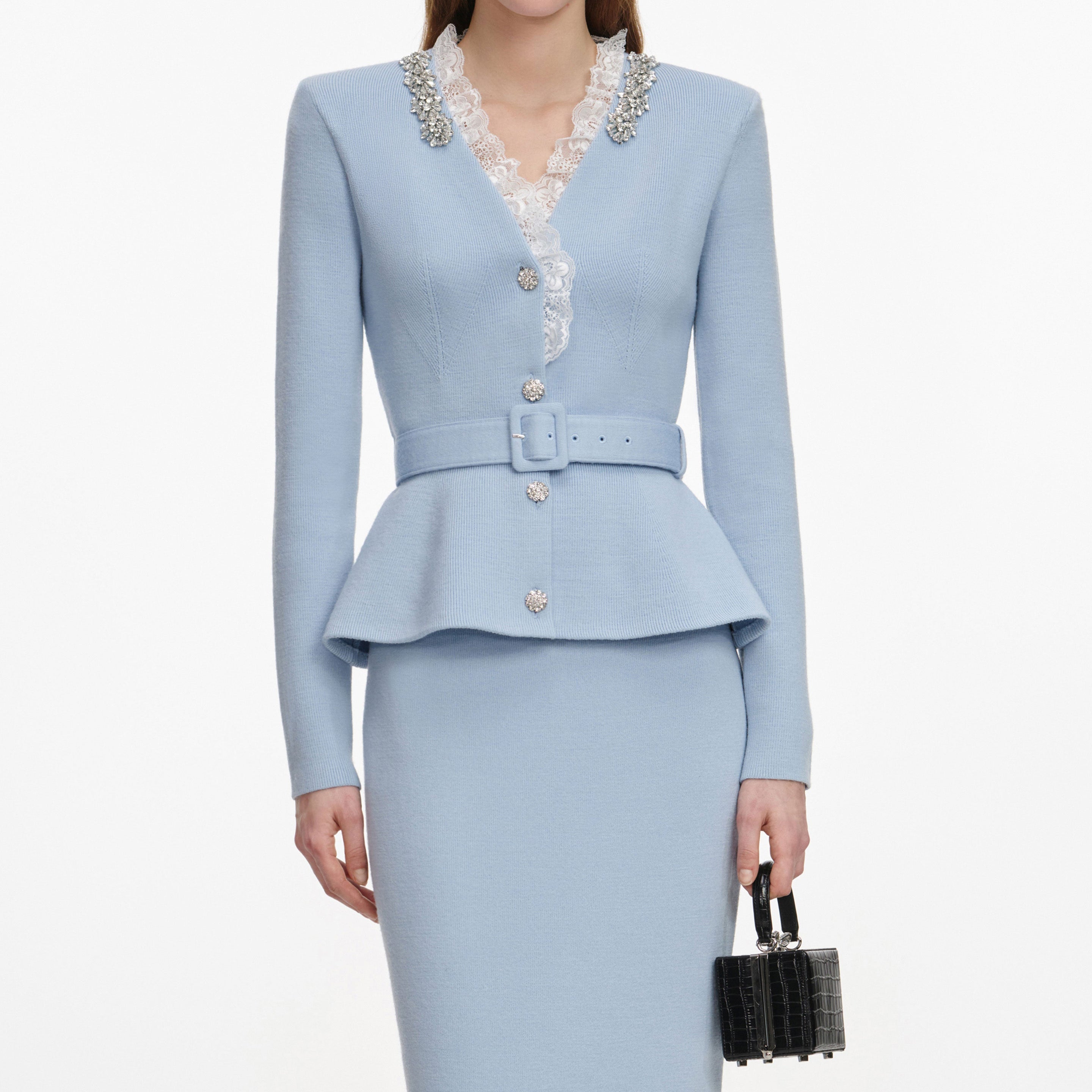 Blue Crystal Trim Knit Midi Dress – self-portrait-US