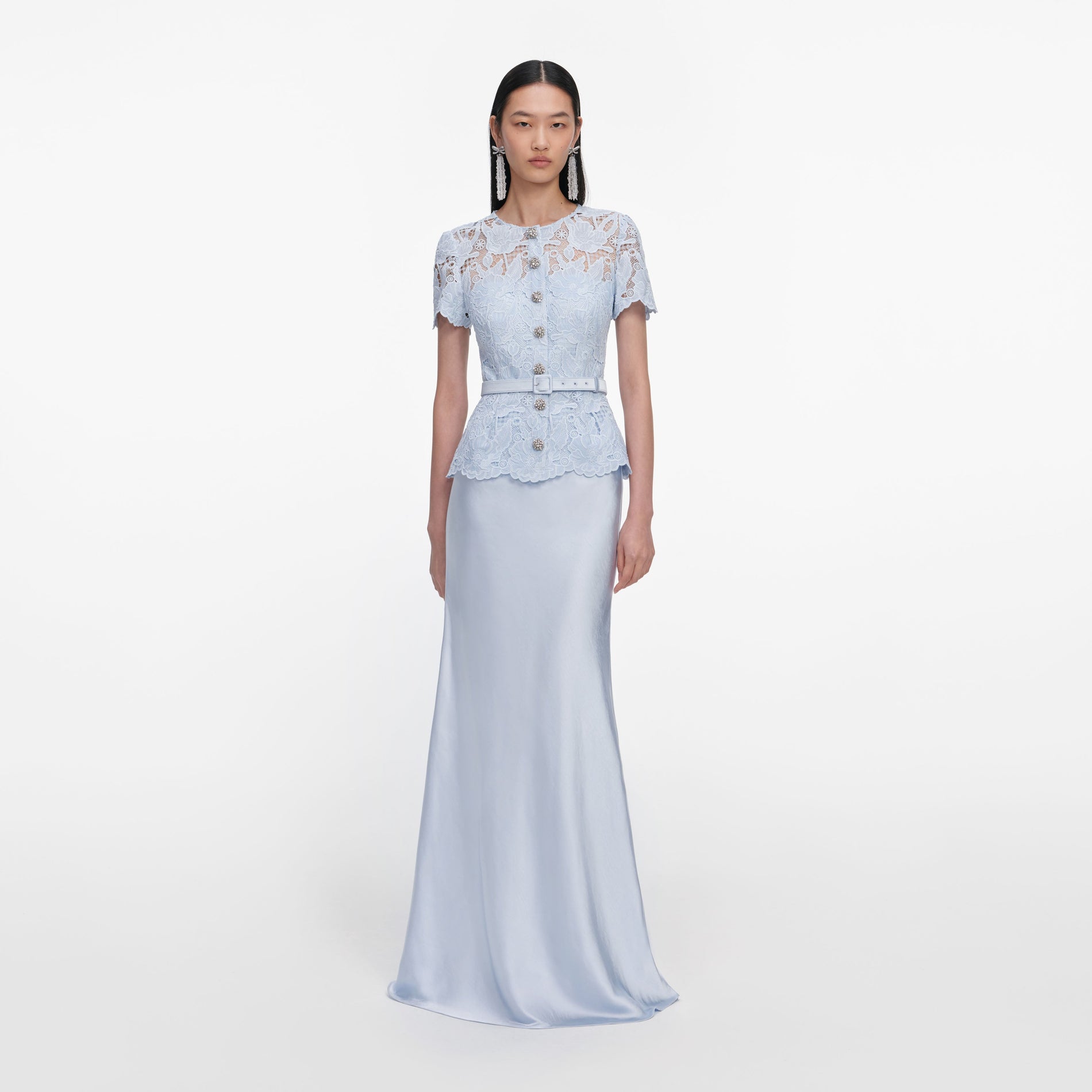 Front view of a woman wearing the Blue Lace Satin Maxi Dress