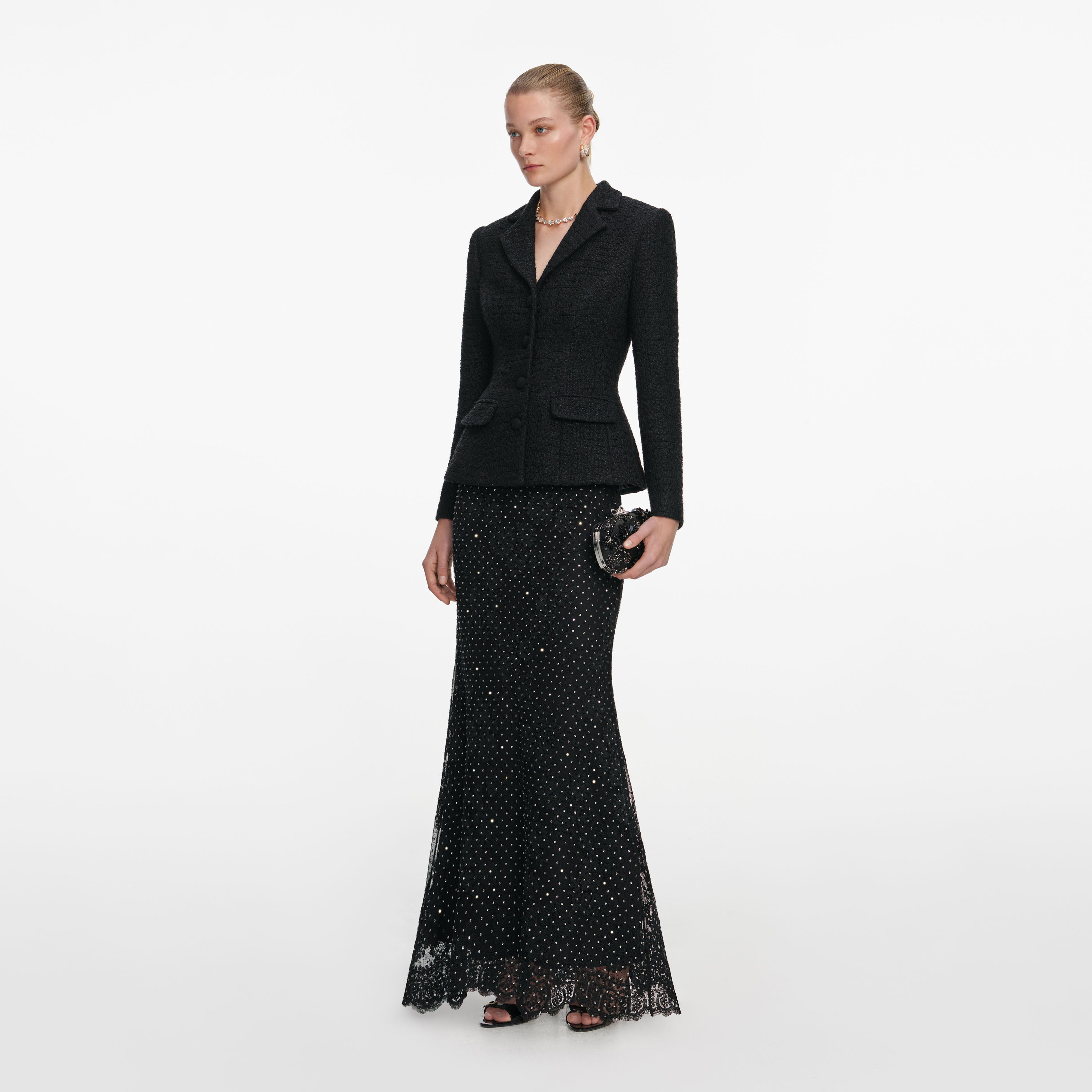 SELFPORTRAITブラック ベア ロングドレスUK4 Black Crepe Polka Dot Maxi Dress – self-portrait-US