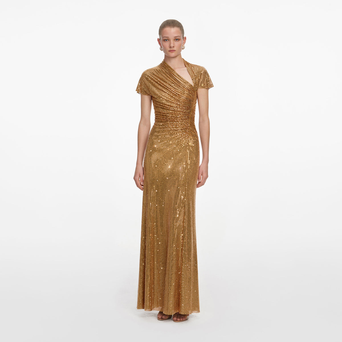 self-portrait - Gold Rhinestone Drape Maxi Dress
