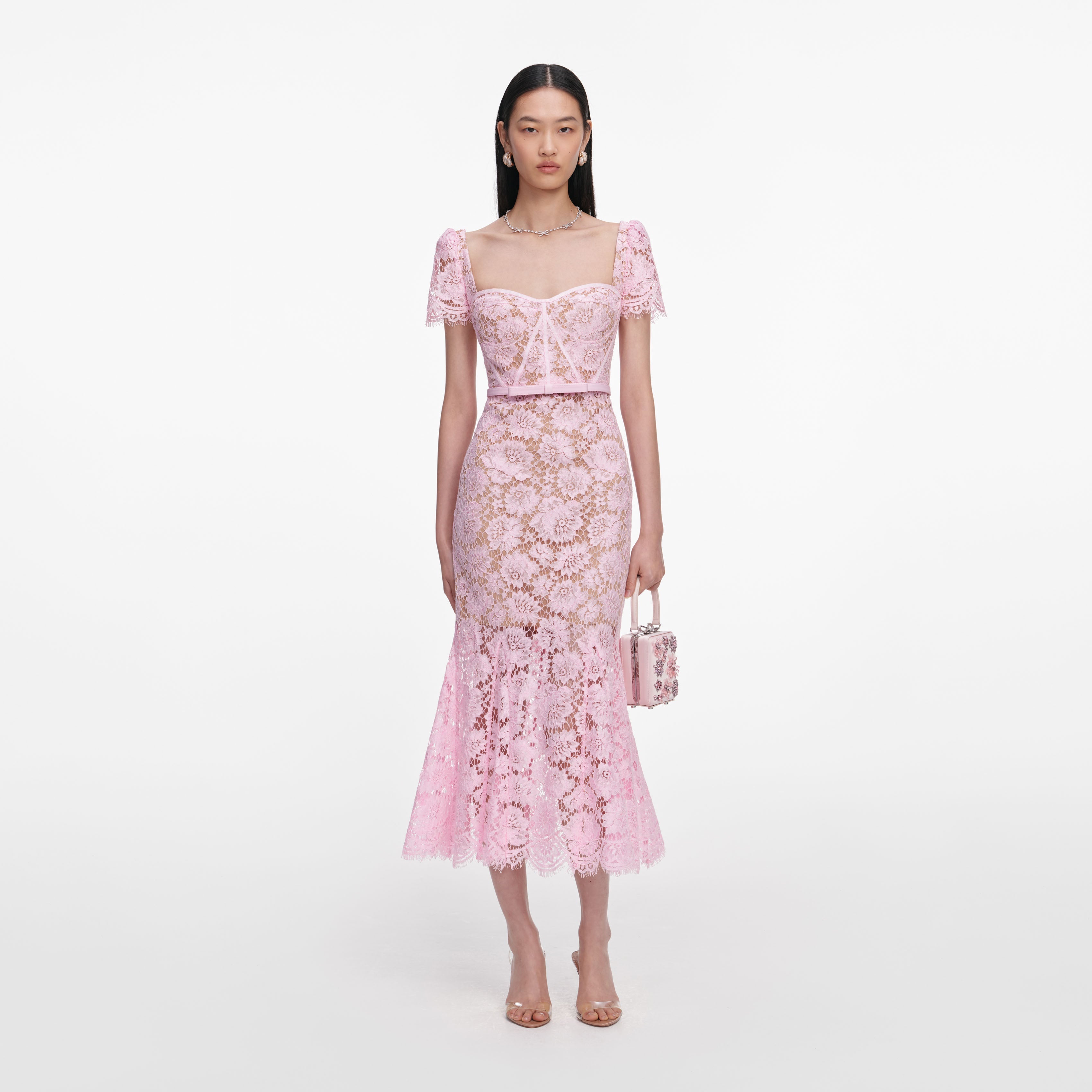 Pink Fine Lace Midi Dress