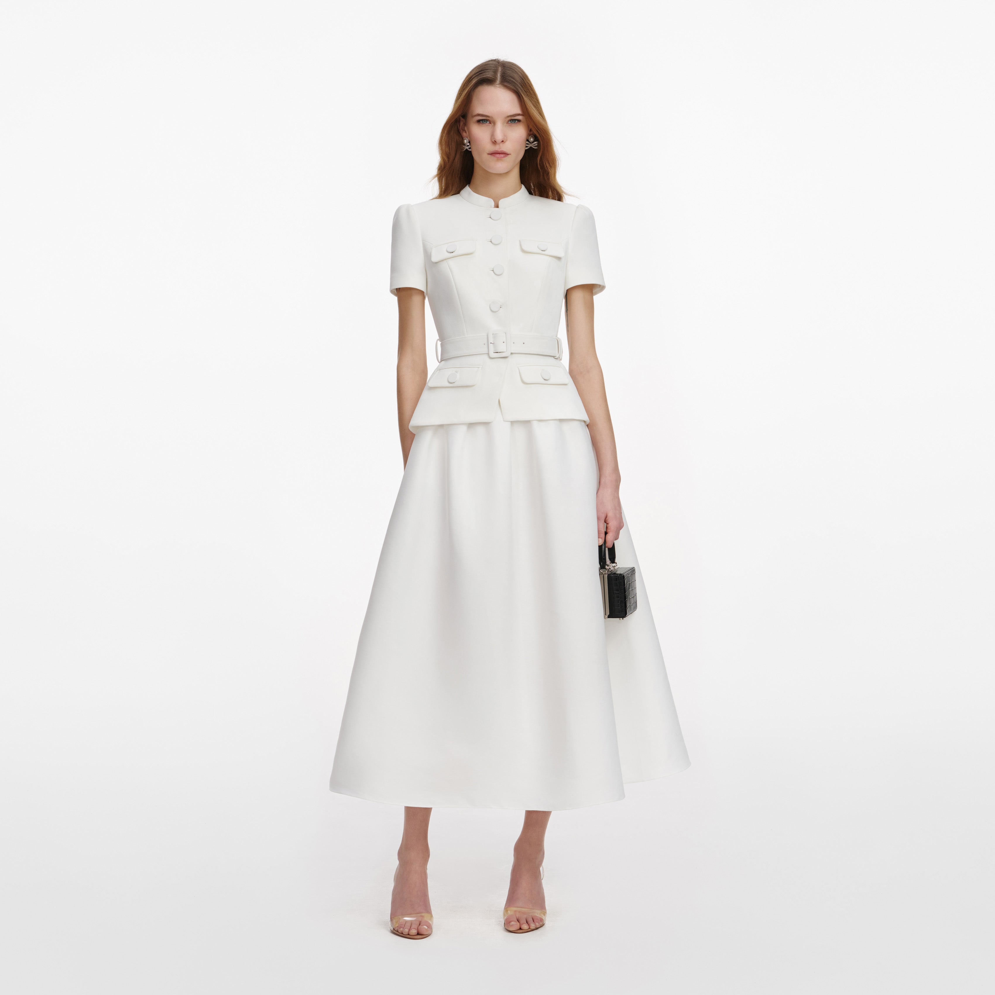 White Tailored Taffeta Midi Dress