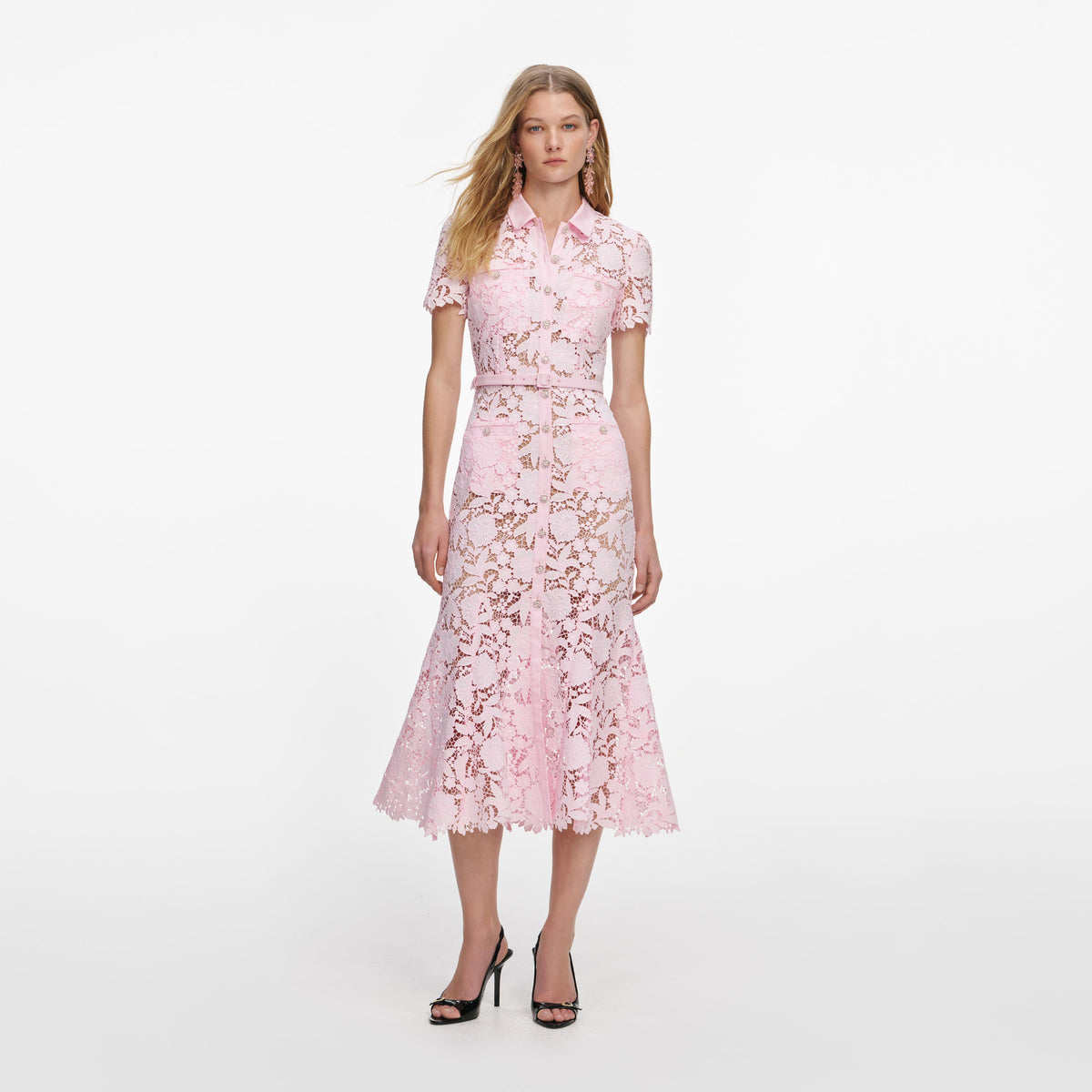 self-portrait - Pink Lace Collared Midi Dress
