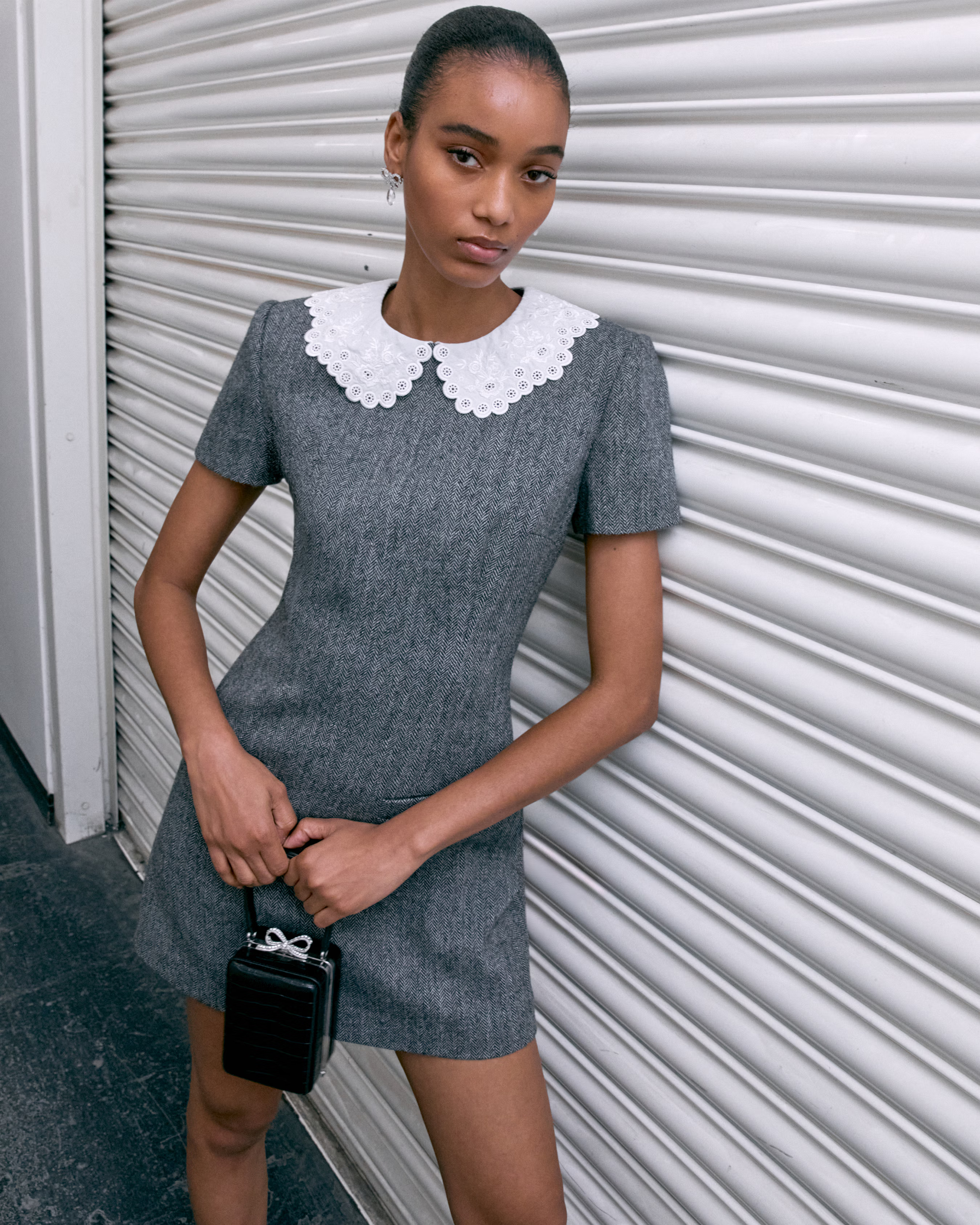 Grey Herringbone Collared Mini Dress – self-portrait-US