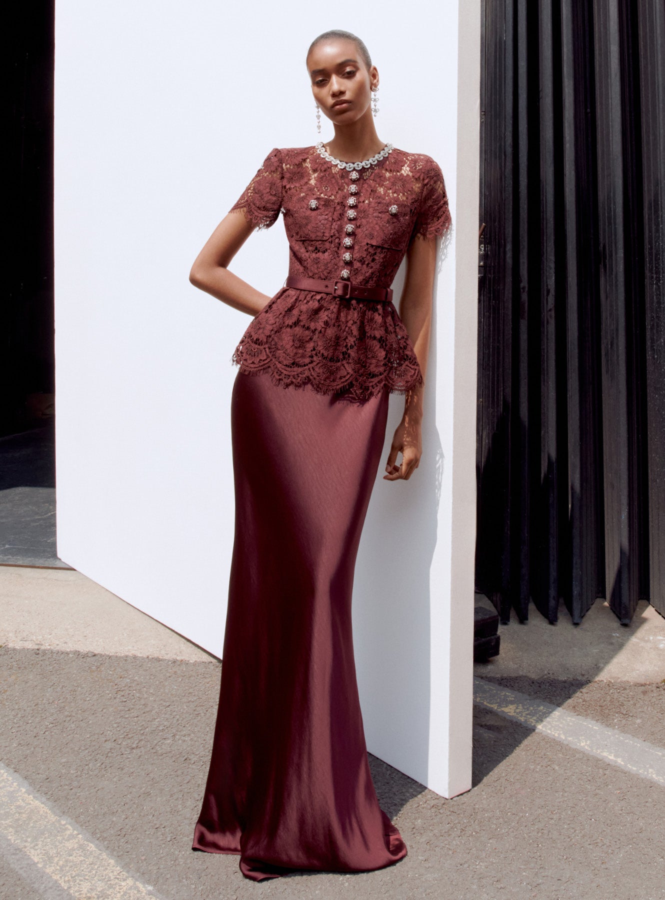 Burgundy Lace Satin Maxi Dress – self-portrait-US Burgundy Lace Satin Maxi Dress – self-portrait-US