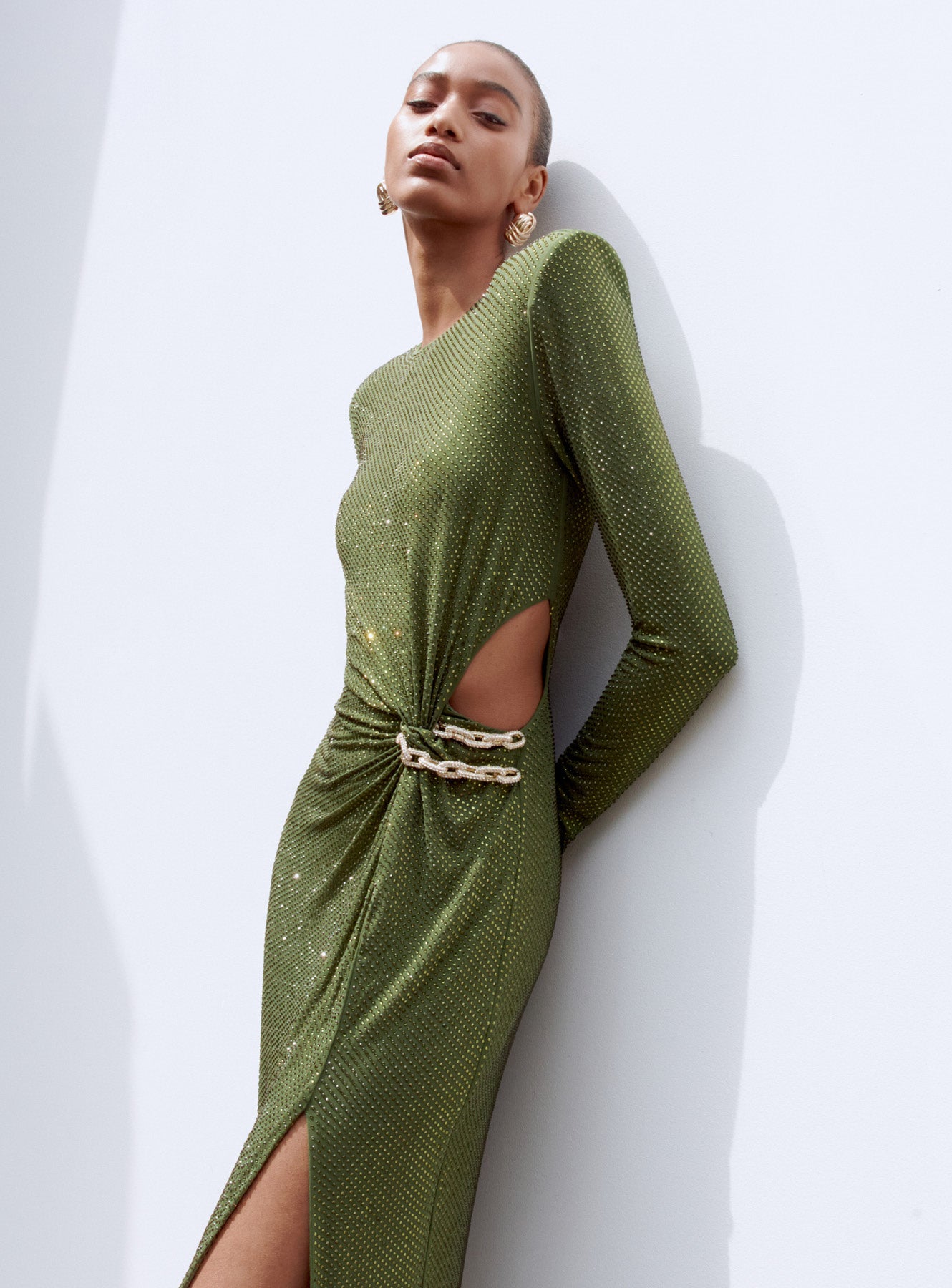 olive green rhinestone maxi dress Olive Rhinestone Embellished Maxi Dress self-portrait