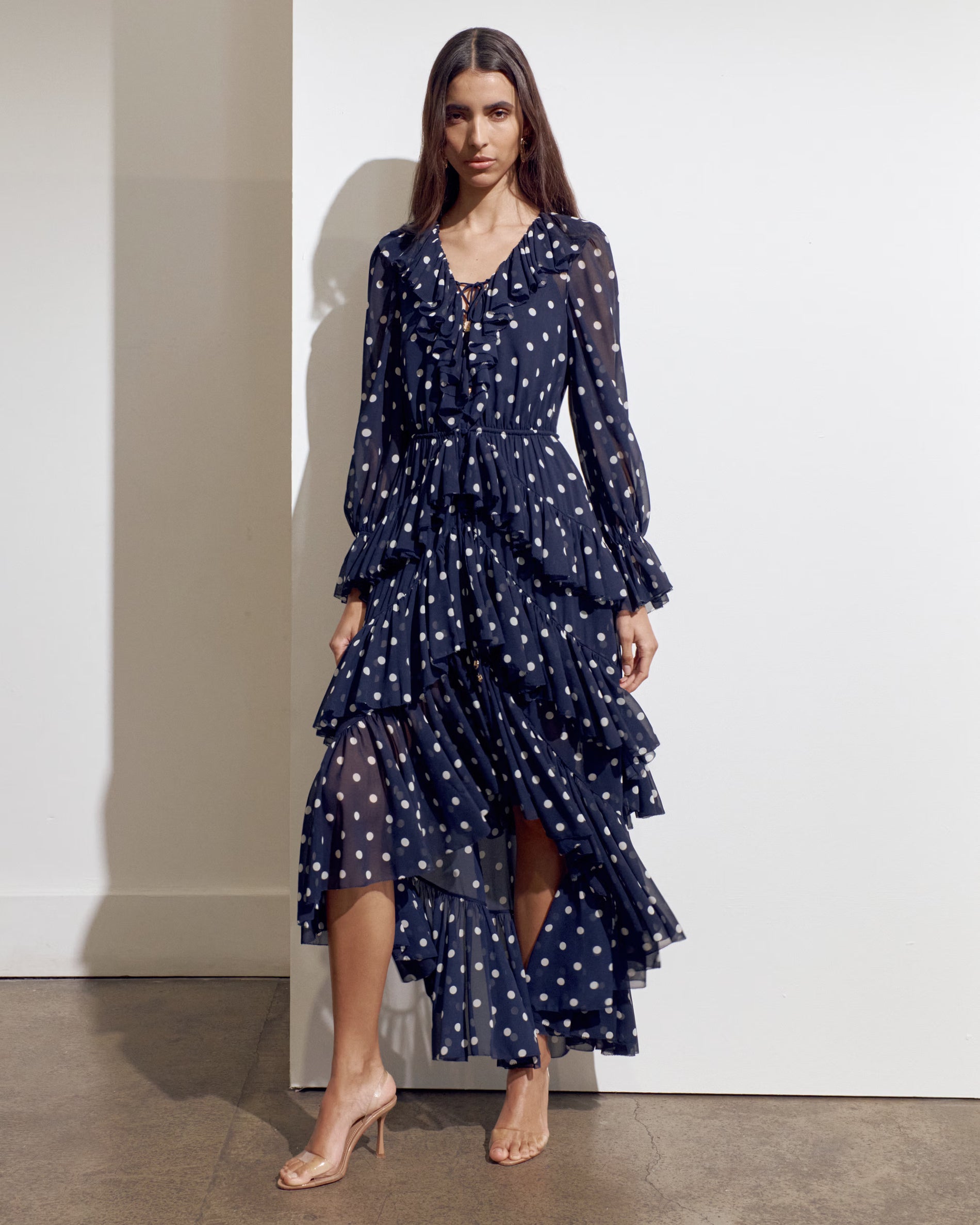 Polka Dot Georgette Ruffle Maxi Dress