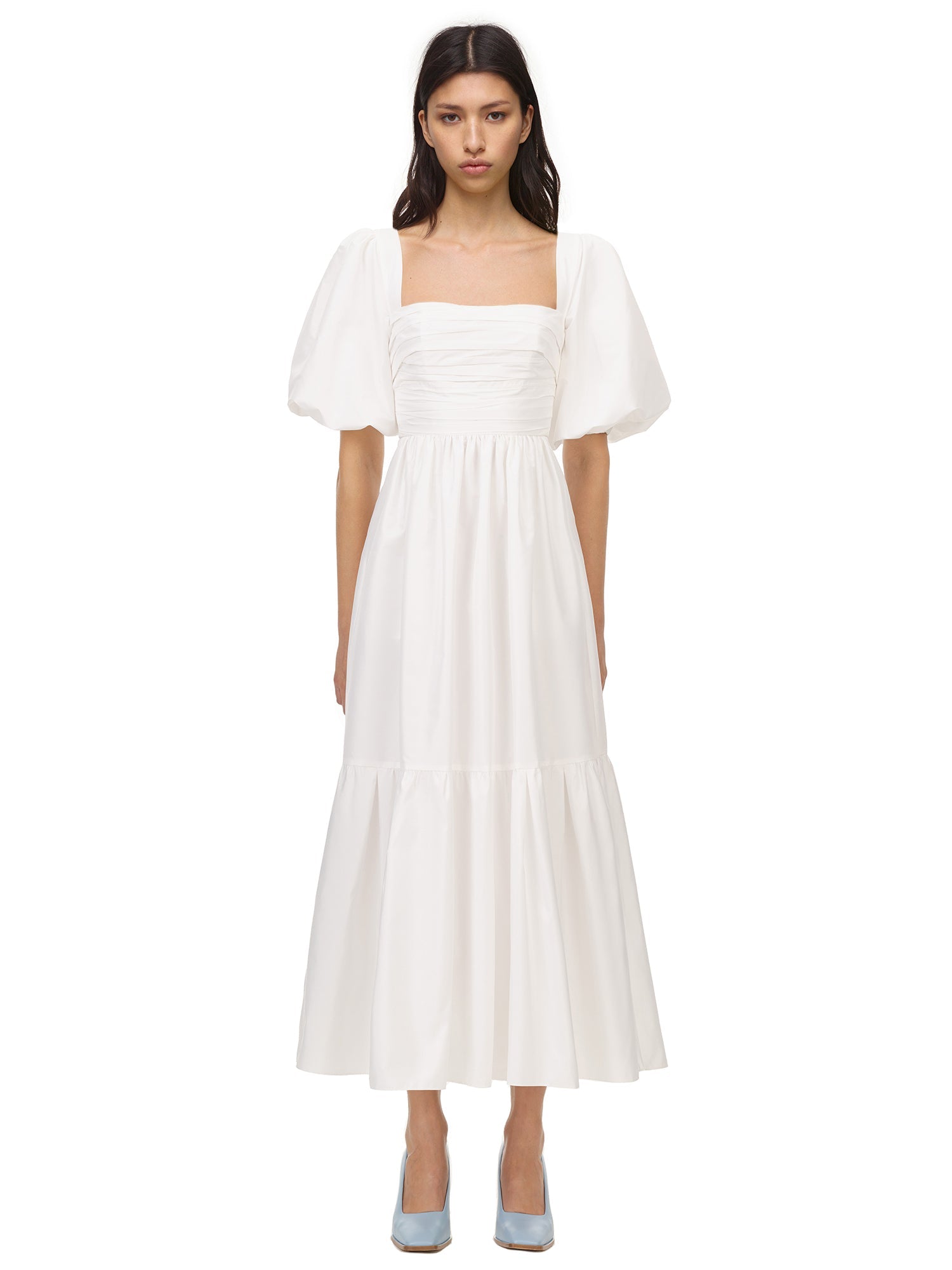 White Taffeta Puff Sleeve Midi Dress