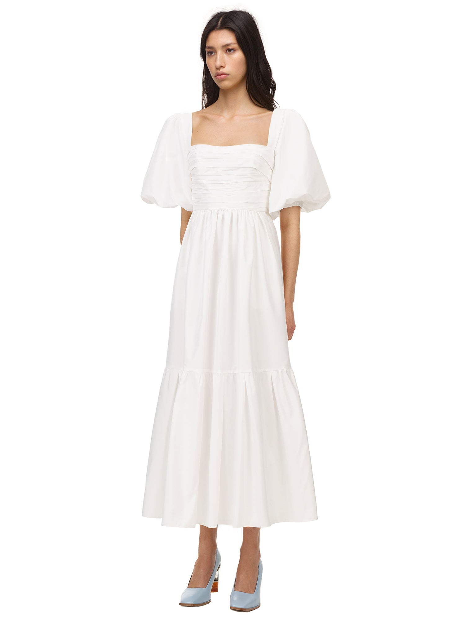 White Taffeta Puff Sleeve Midi Dress