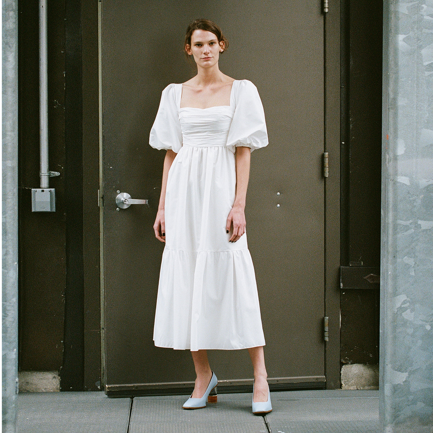 White Taffeta Puff Sleeve Midi Dress