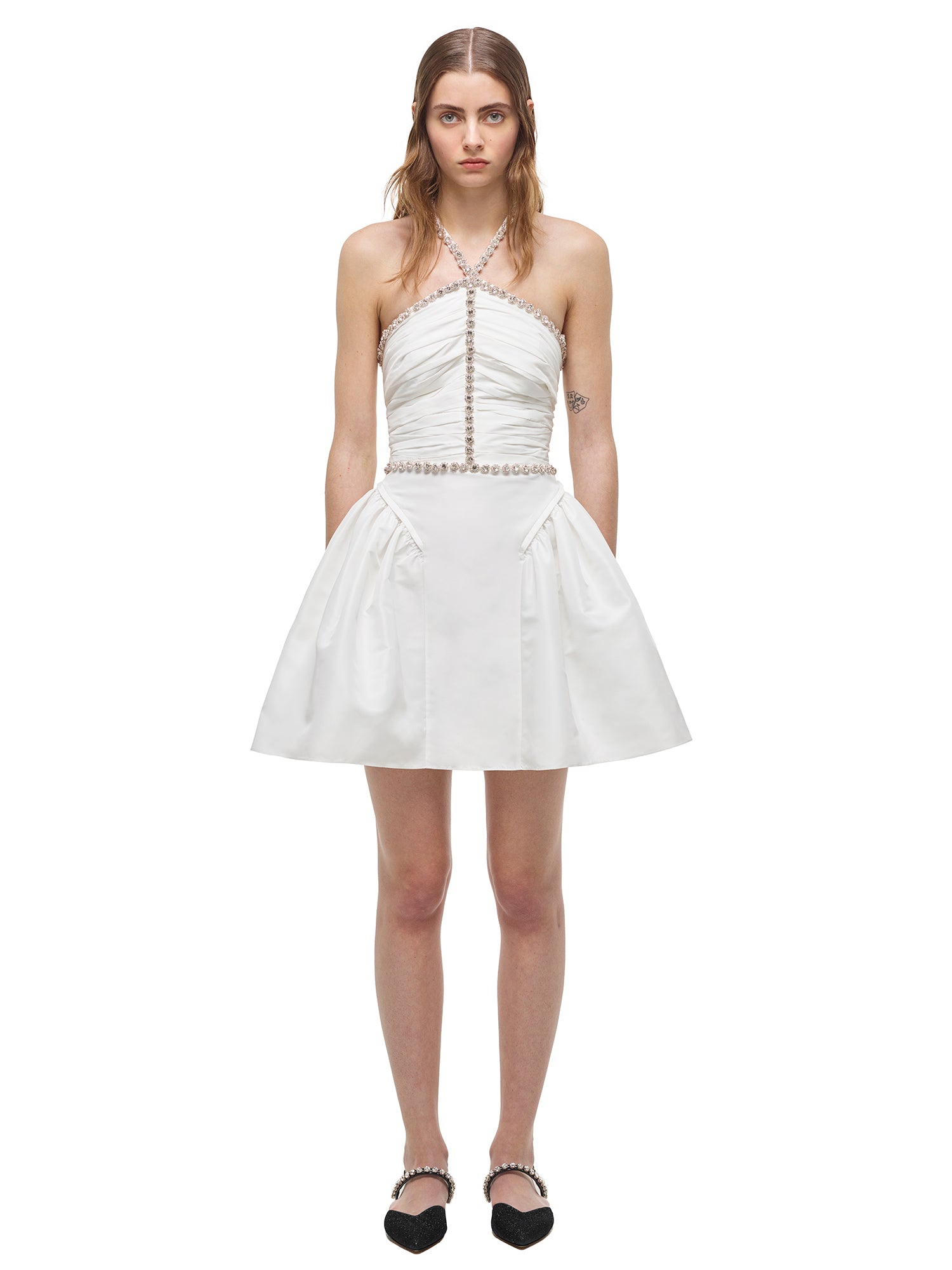 White Taffeta Diamante Trim Mini Dress