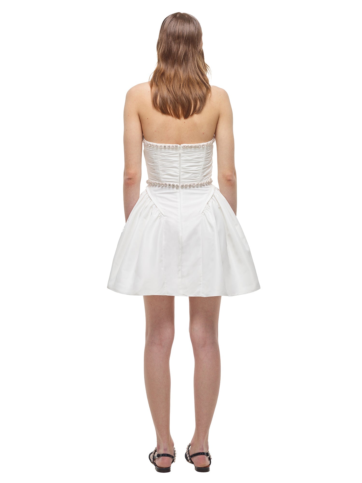 White Taffeta Diamante Trim Mini Dress