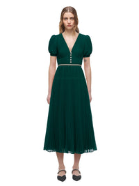 Deep Green Chiffon Pleated Midi Dress