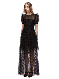 Black Grid Sequin Tiered Maxi Dress