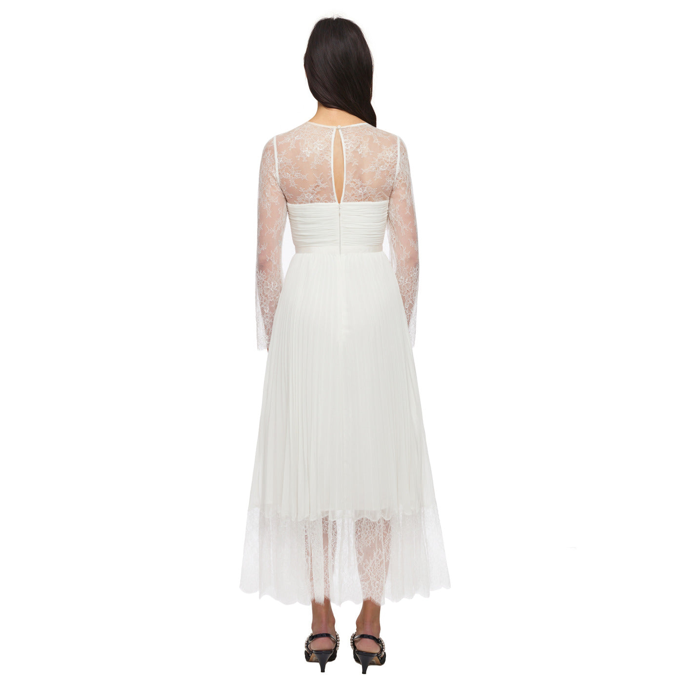 A woman wearing the Chiffon Lace Trim Midi Dress