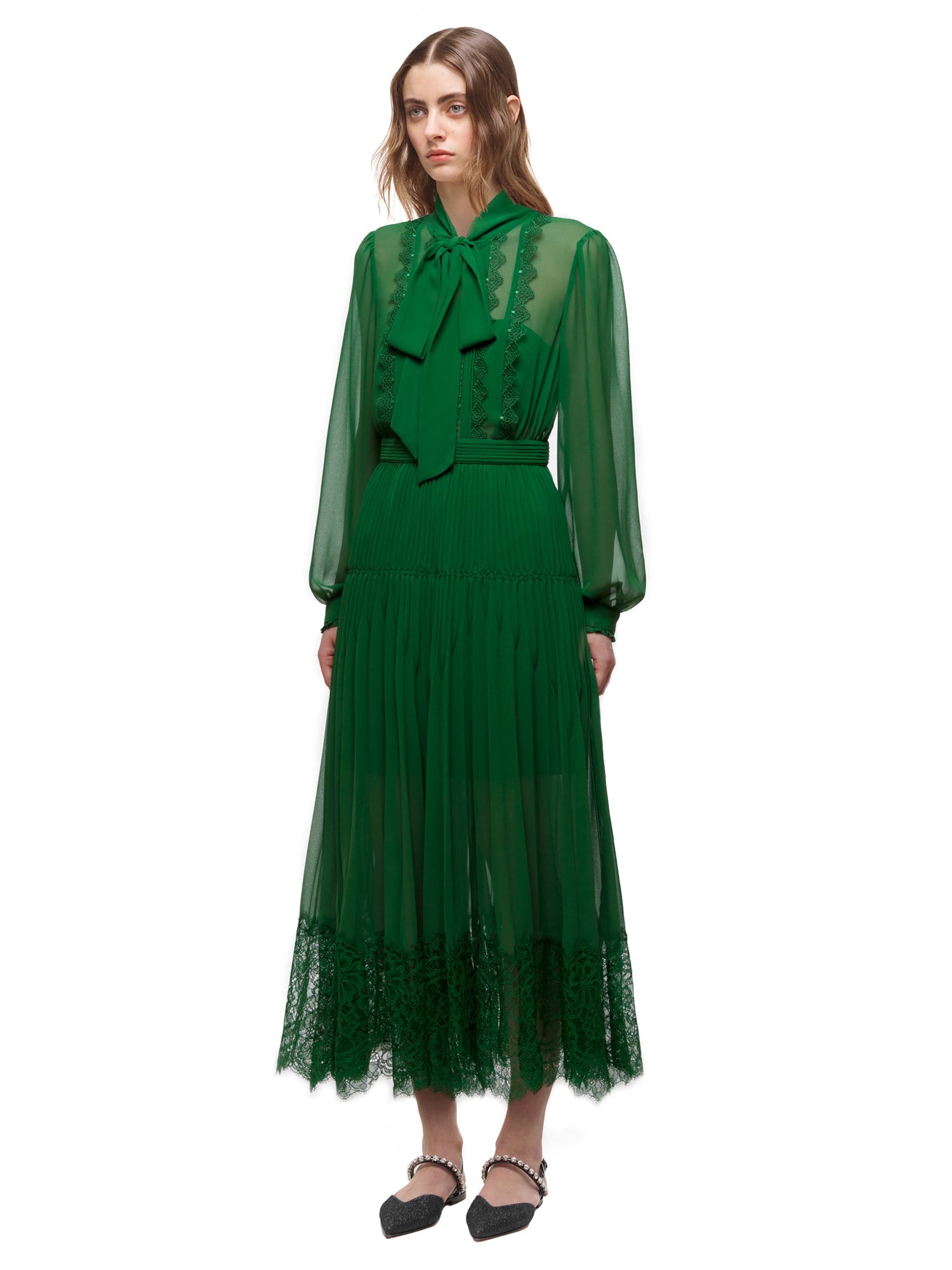 Green Chiffon Trimmed Dress