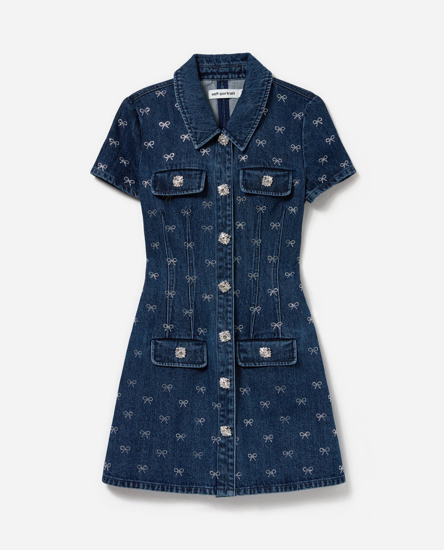self portrait denim collared mini dress Self-Portrait Denim Crystal Trim Collared Mini Dress