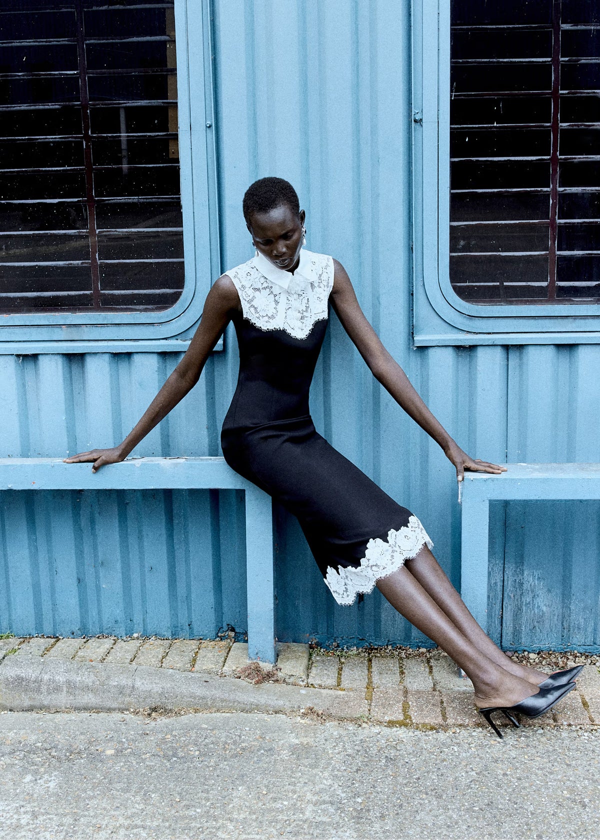 Black Contrast Lace Bodice Midi Dress
