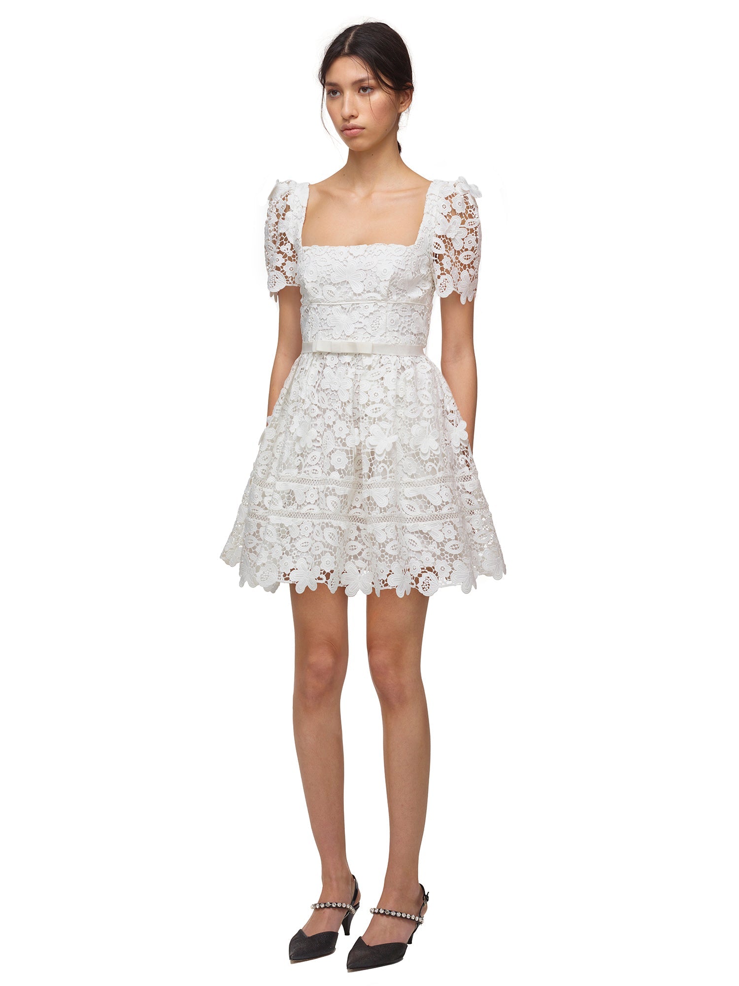 White Guipure Floral Lace Mini Dress