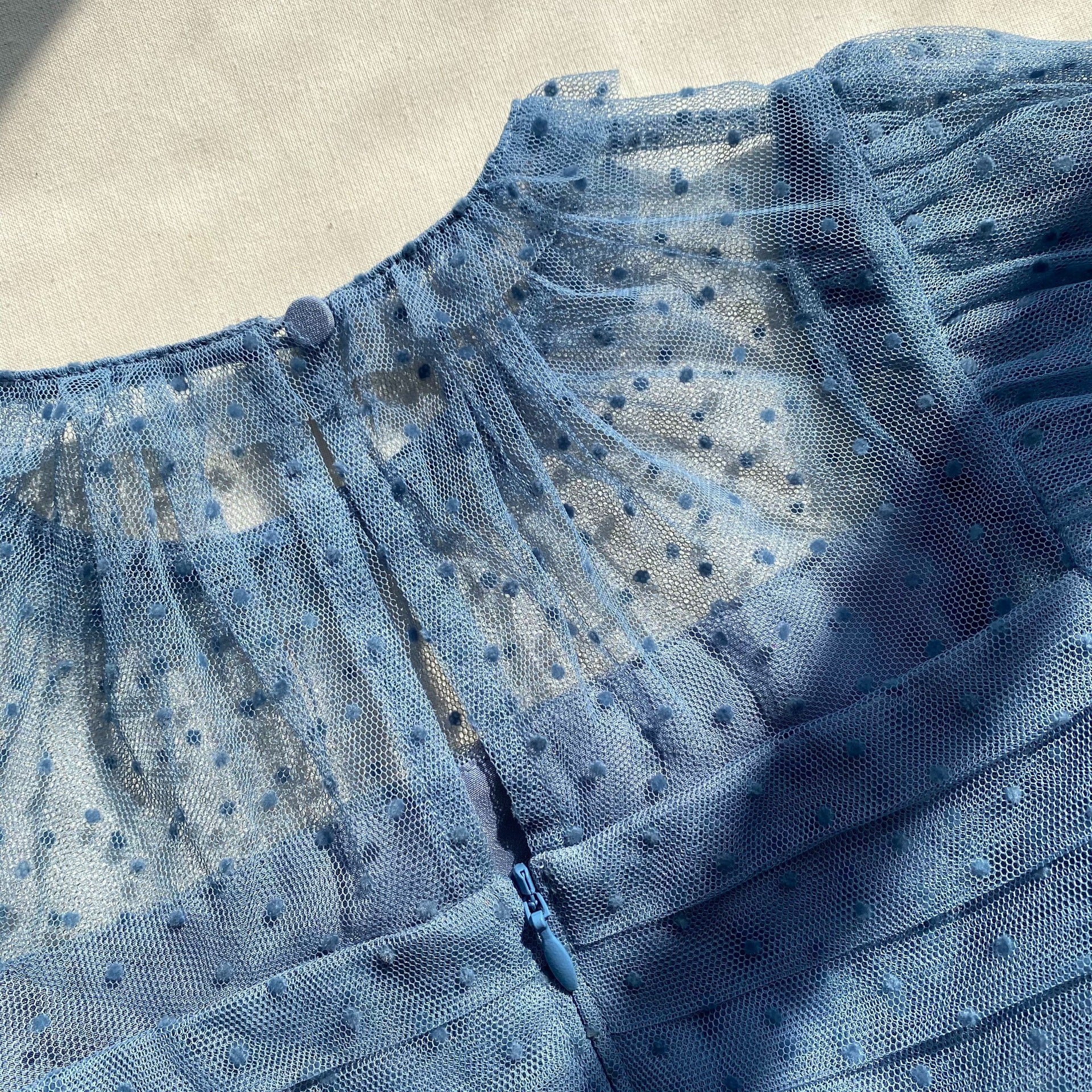 Blue Dot Mesh Trim Midi Dress