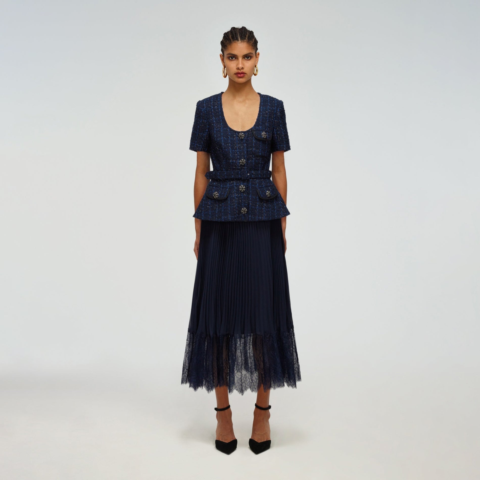 A woman wearing the Navy Metallic Bouclé Tailored Midi Dress