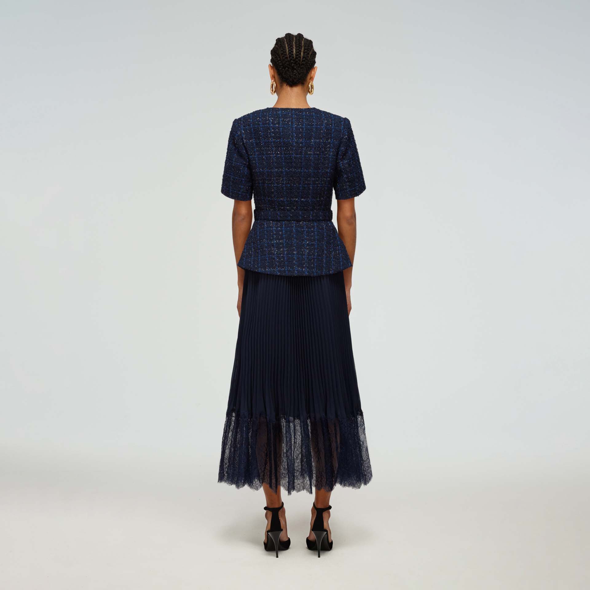 Navy Metallic Bouclé Tailored Midi Dress