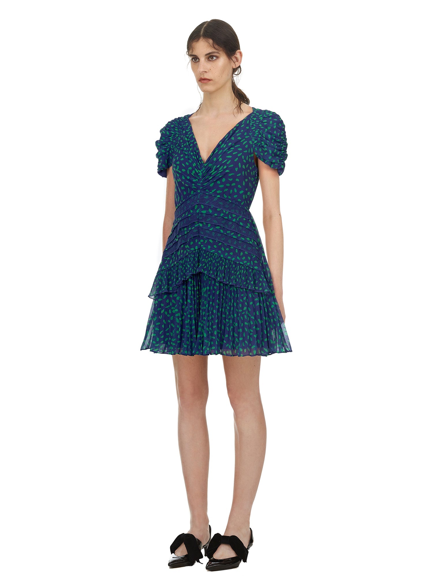 Blue and Green Dot Chiffon Printed Dress