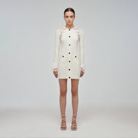 Ivory Inserted Lace Ribbed Knit Buttoned Dress