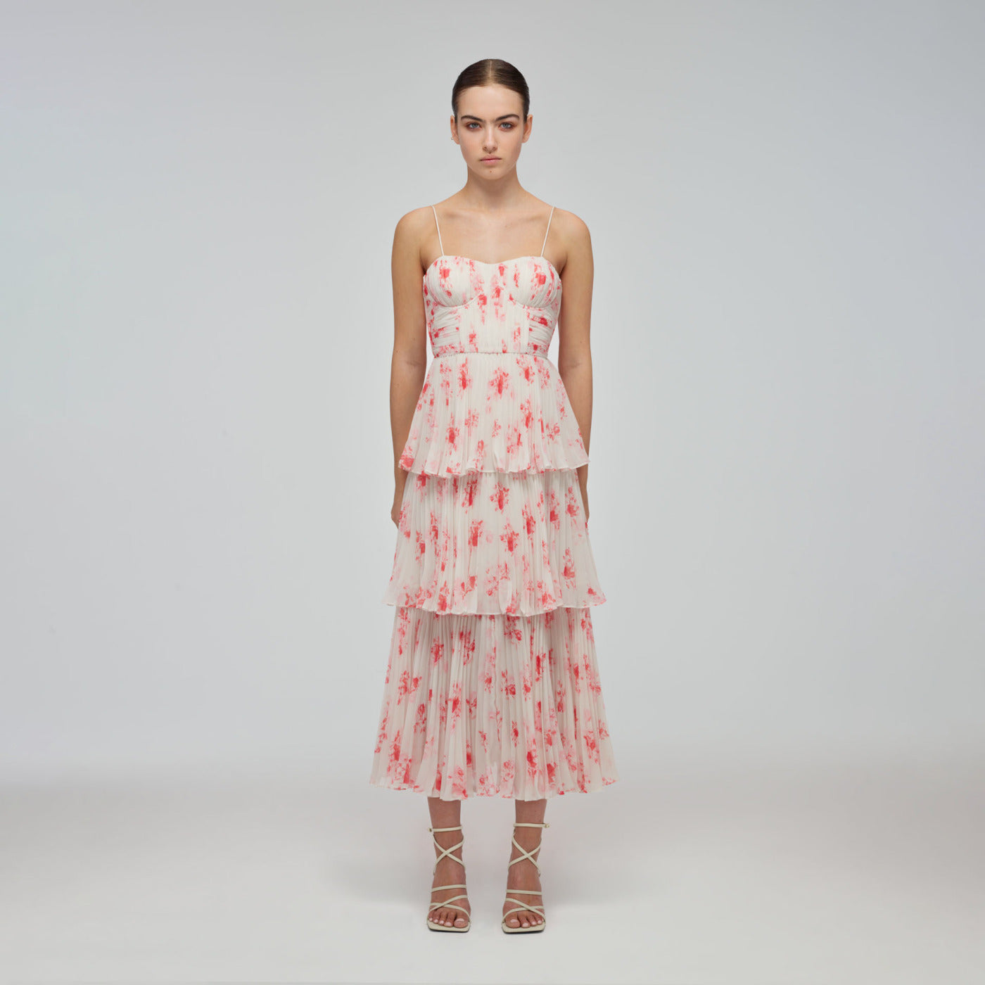 Floral Print Chiffon Tiered Midi Dress