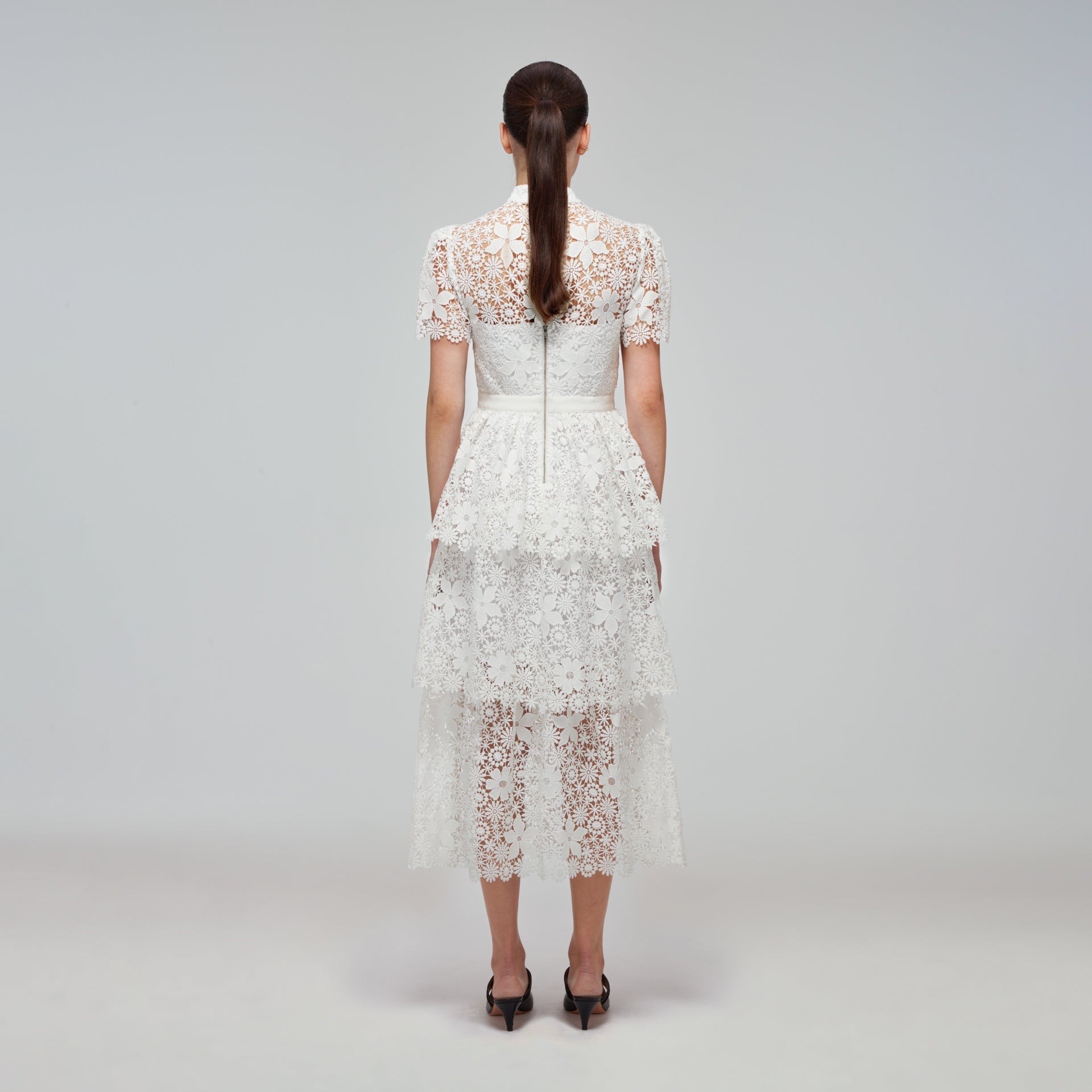 White Guipure Lace Tiered Midi Dress