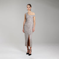 Sequin Gathered Asymmetric Midi Dress