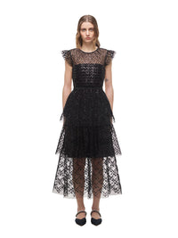 Black Grid Sequin Tiered Midi Dress