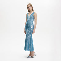 Blue Sequin V Neck Maxi Dress
