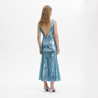 Blue Sequin V Neck Maxi Dress