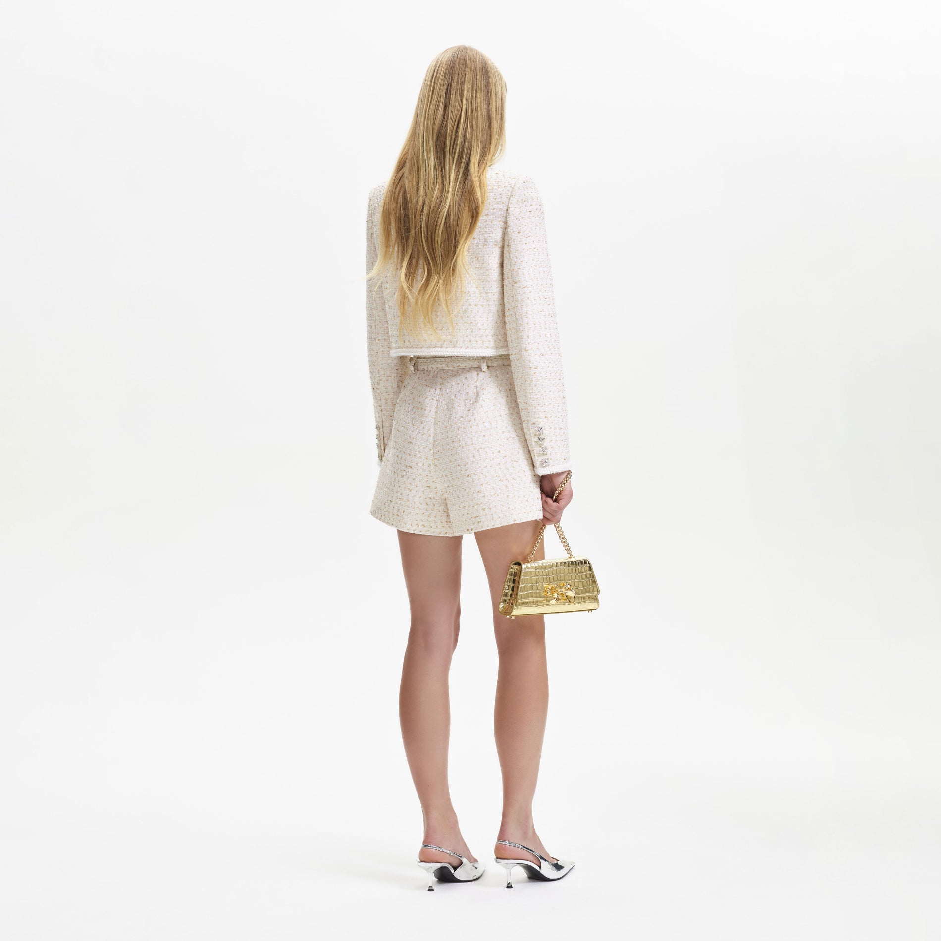 A woman wearing the Cream Boucle Short