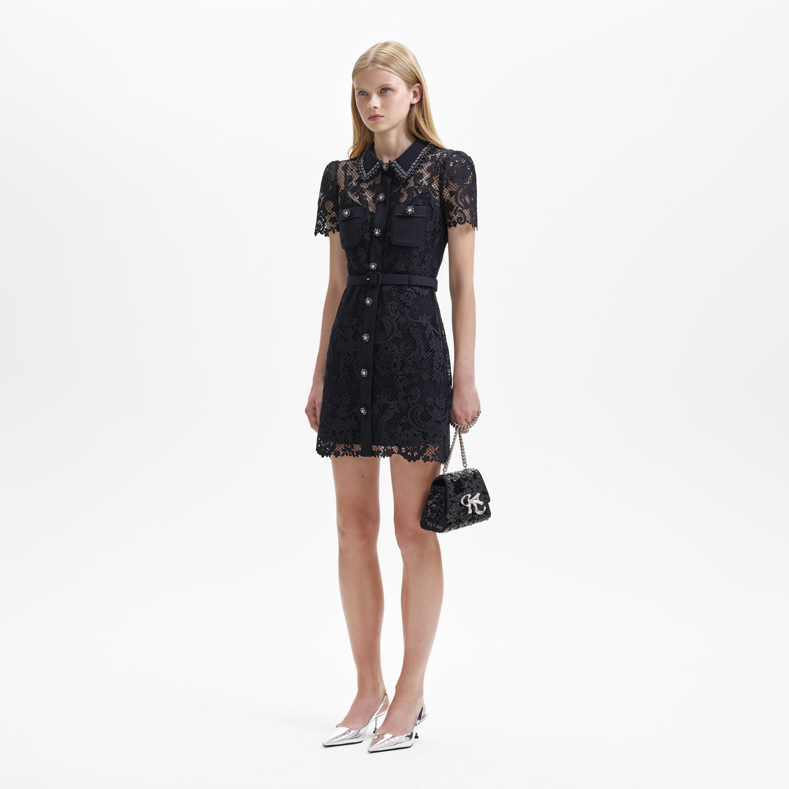 Black Lace Button Front Mini Dress