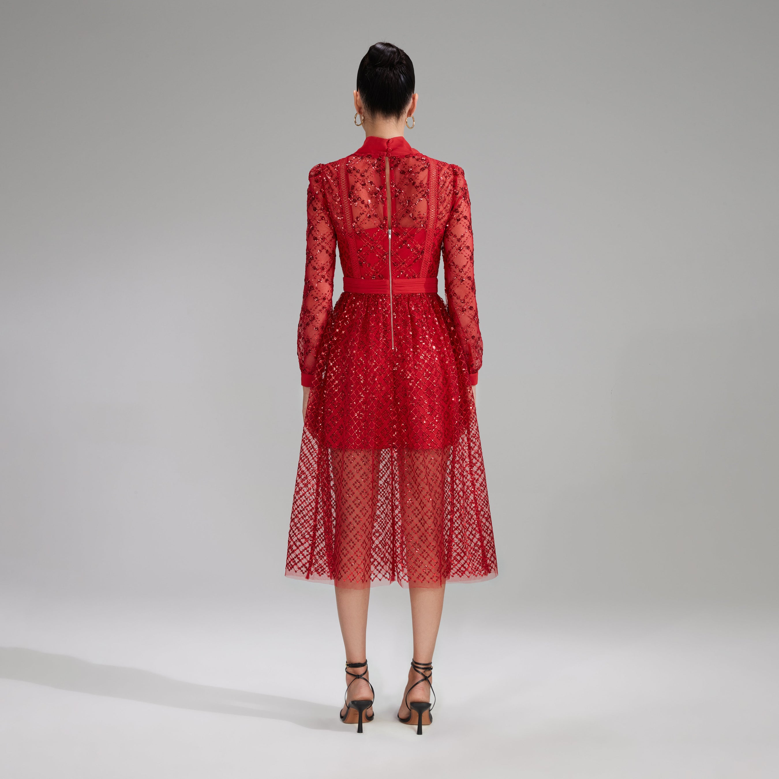 Grid Sequin Midi Dress Red