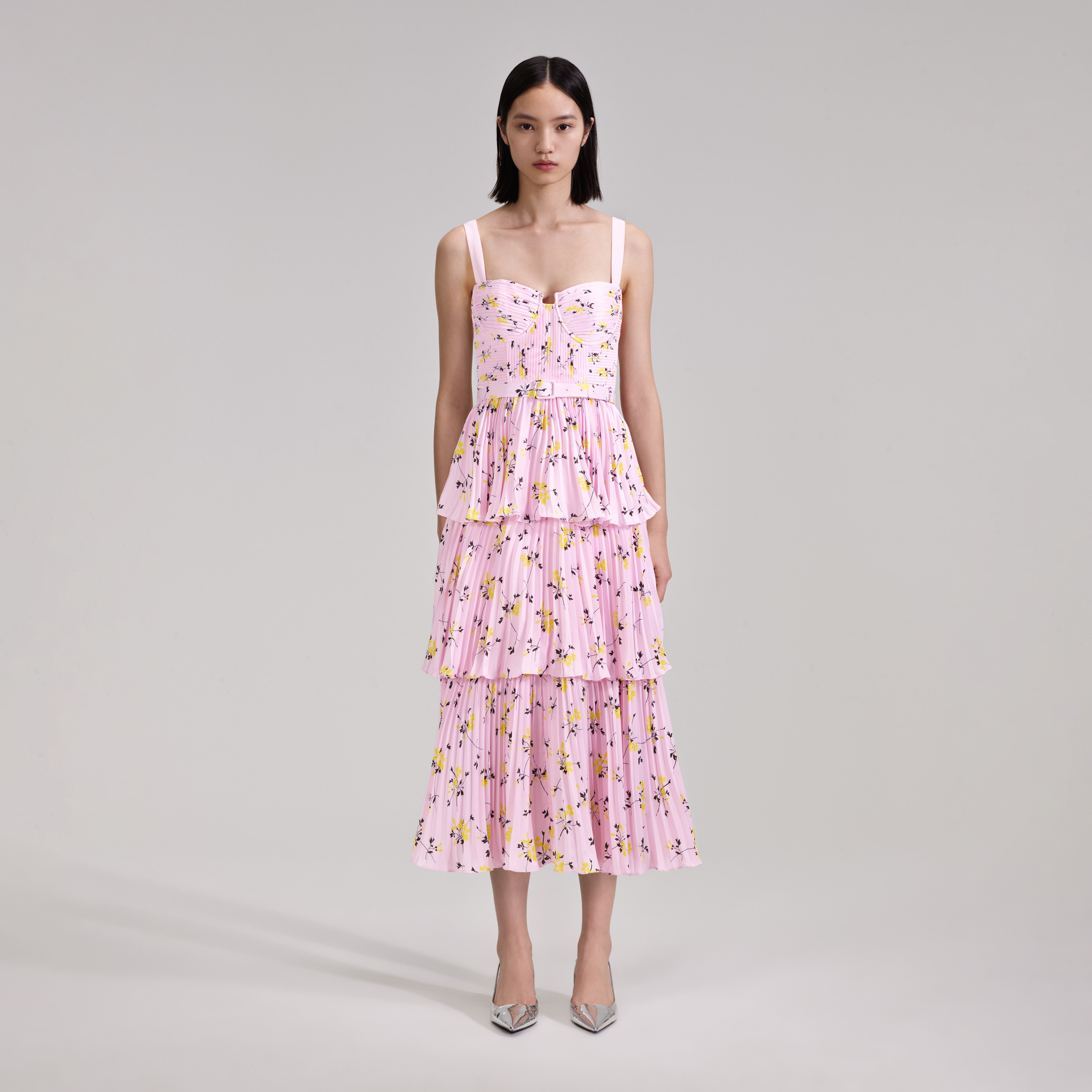 Pink Floral Print Tiered Midi Dress – self-portrait-US