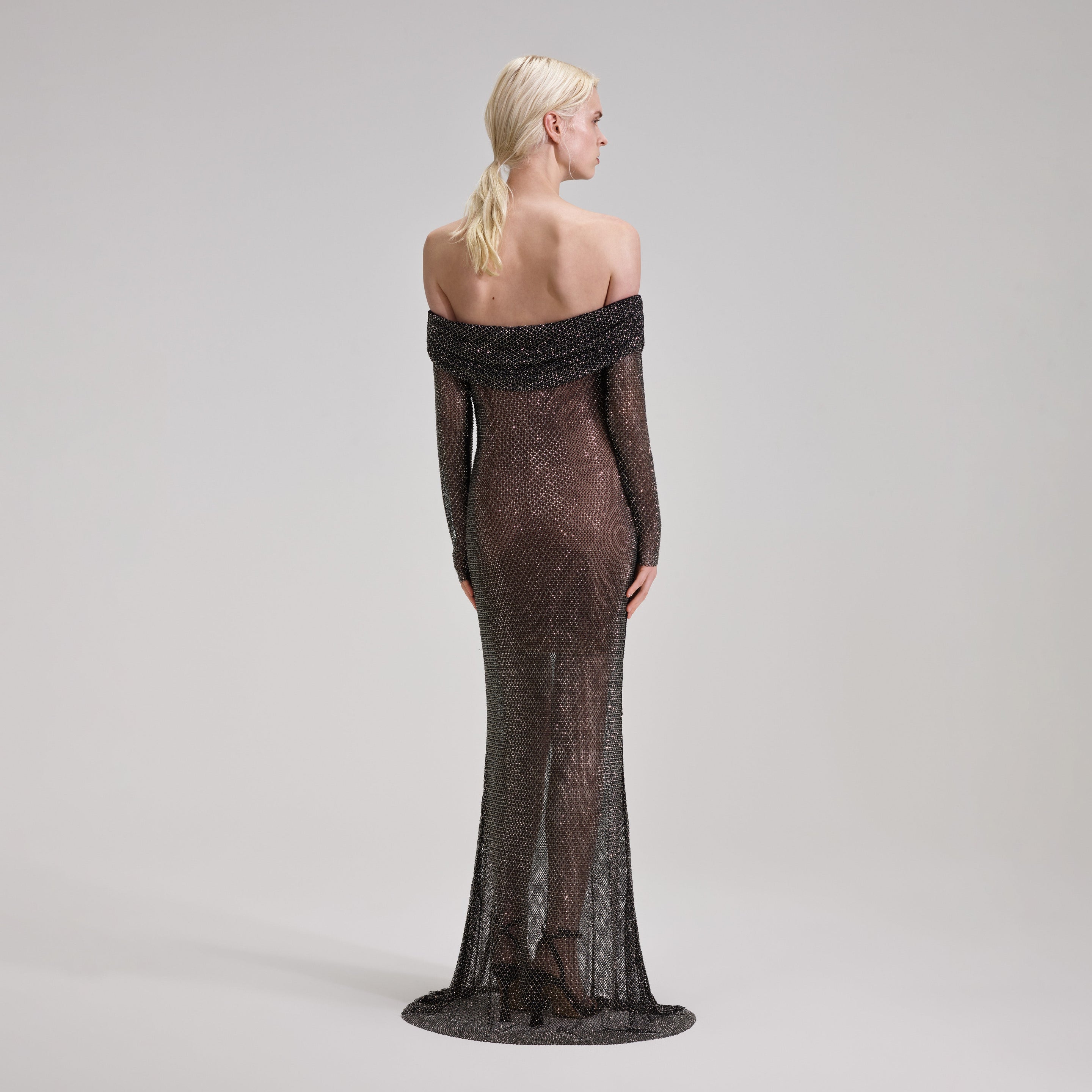 Self-Portrait Draped Off-The-Shoulder Crystal-embellished Fishnet Maxi Dress - Women - Black Dresses - L